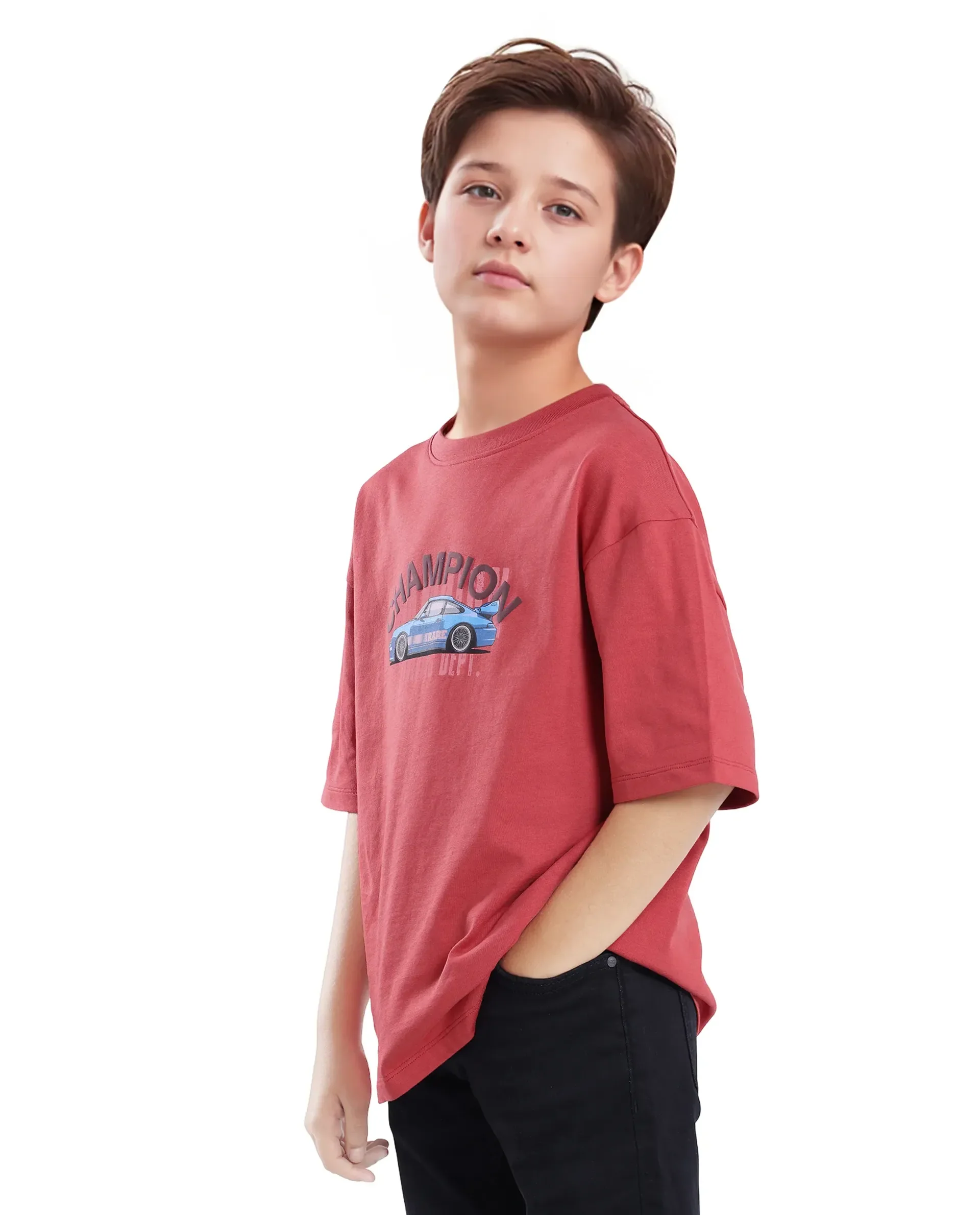Rare Ones Kids Max Dusky Red Cotton Printed Slip-On Oversized Fit T-Shirt - Image 5