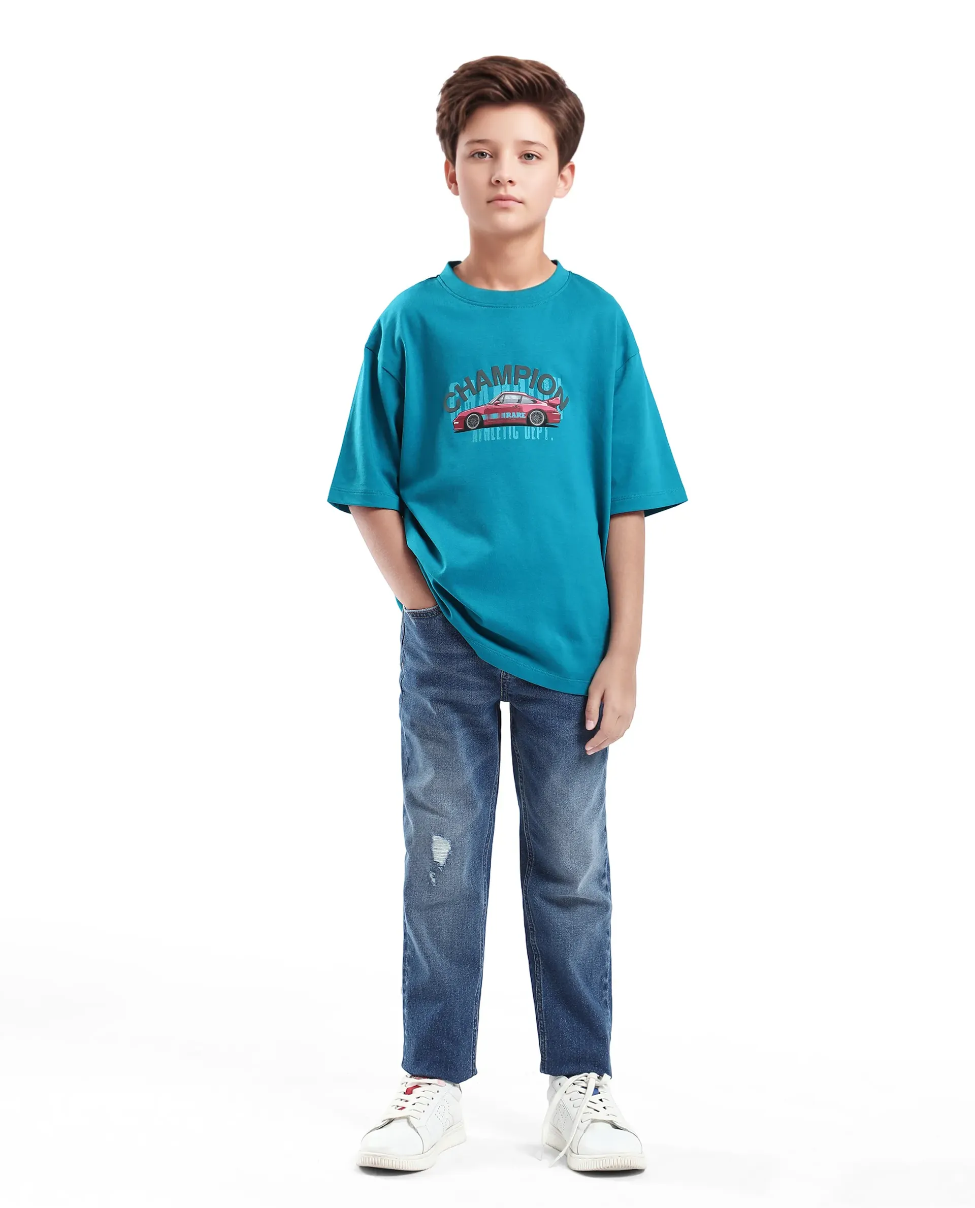 Rare Ones Kids Max Turq Cotton Graphic Print Slip-On Oversized Fit T-Shirt - Image 2