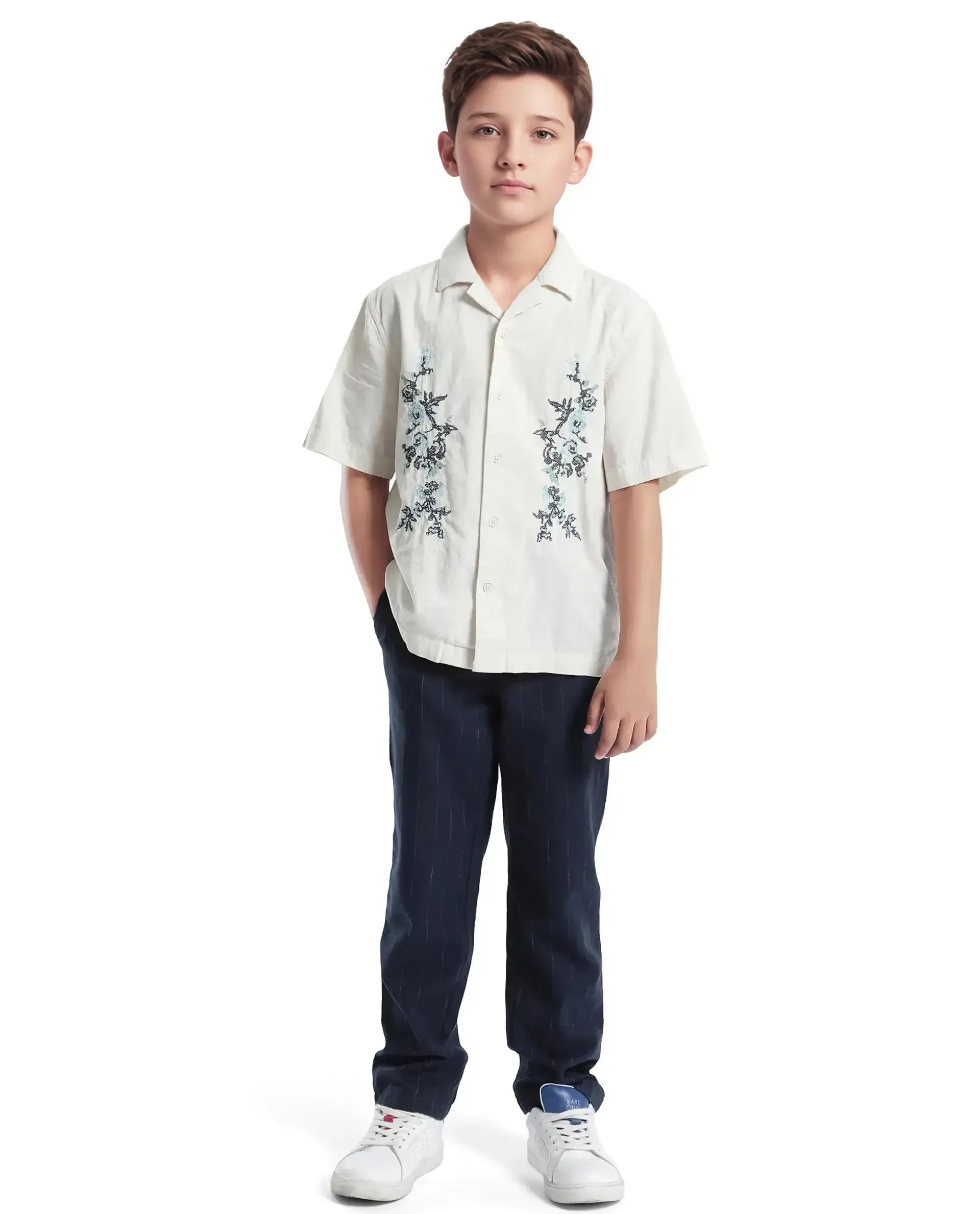 Rare Ones Kids Mila Light Beige Cotton Half Sleeve Embroidered Button Closure Regular Fit Shirt - Image 2