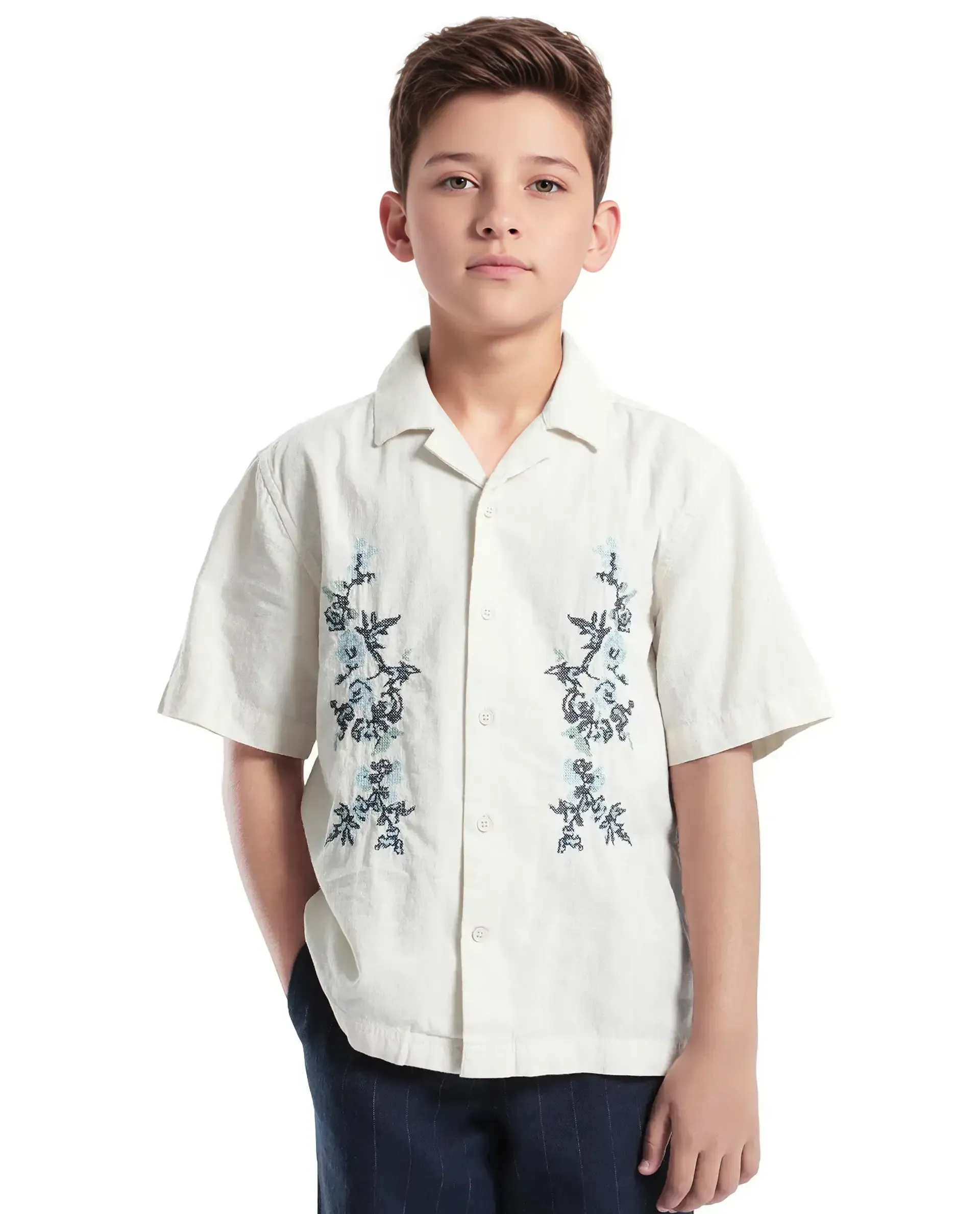 Rare Ones Kids Mila Light Beige Cotton Half Sleeve Embroidered Button Closure Regular Fit Shirt - Image 3