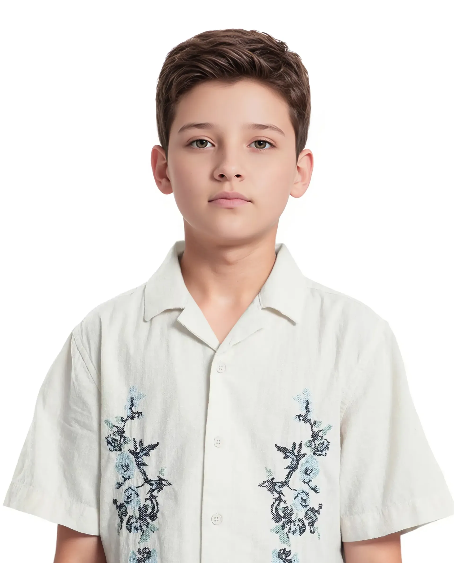 Rare Ones Kids Mila Light Beige Cotton Half Sleeve Embroidered Button Closure Regular Fit Shirt - Image 4