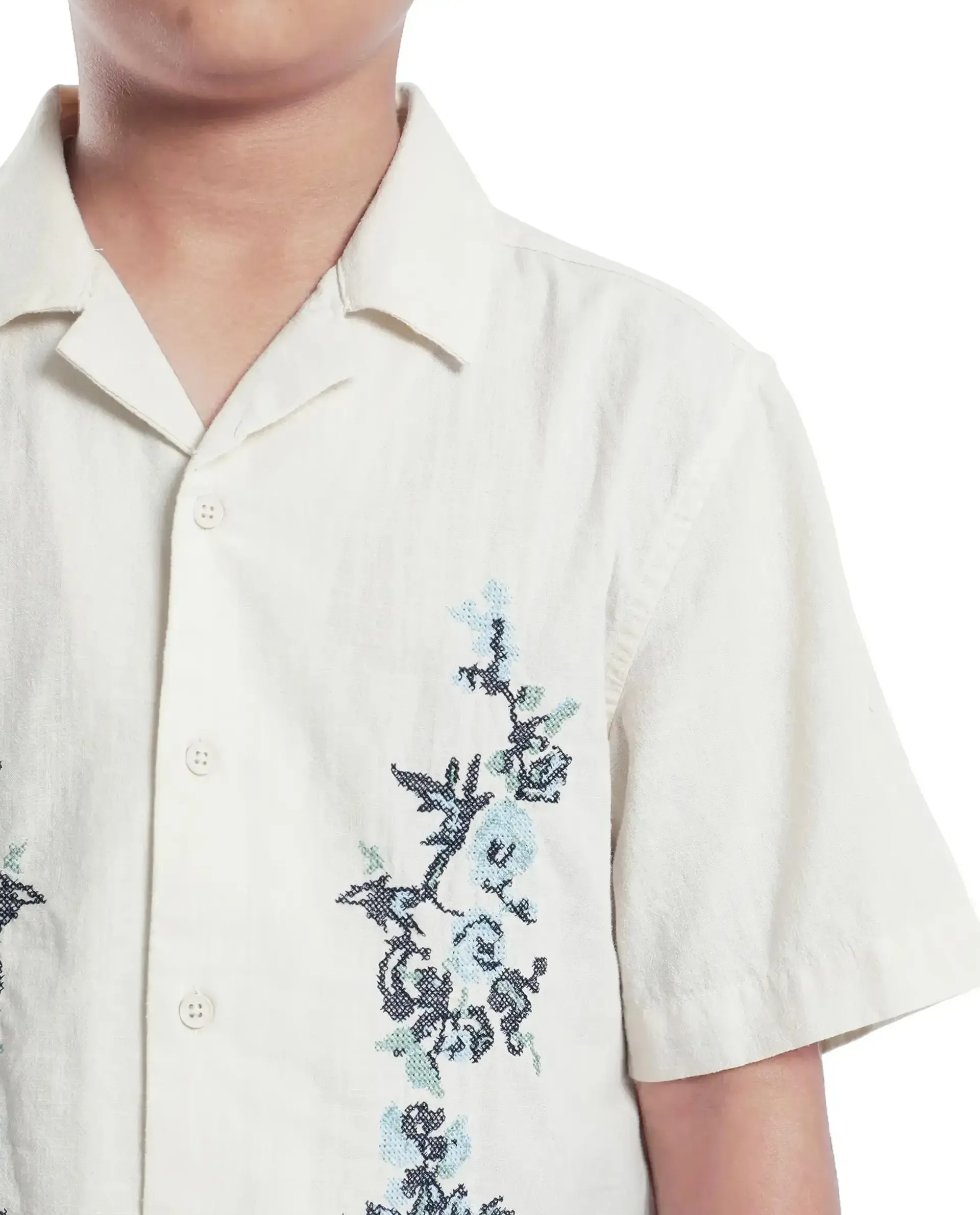 Rare Ones Kids Mila Light Beige Cotton Half Sleeve Embroidered Button Closure Regular Fit Shirt - Image 5