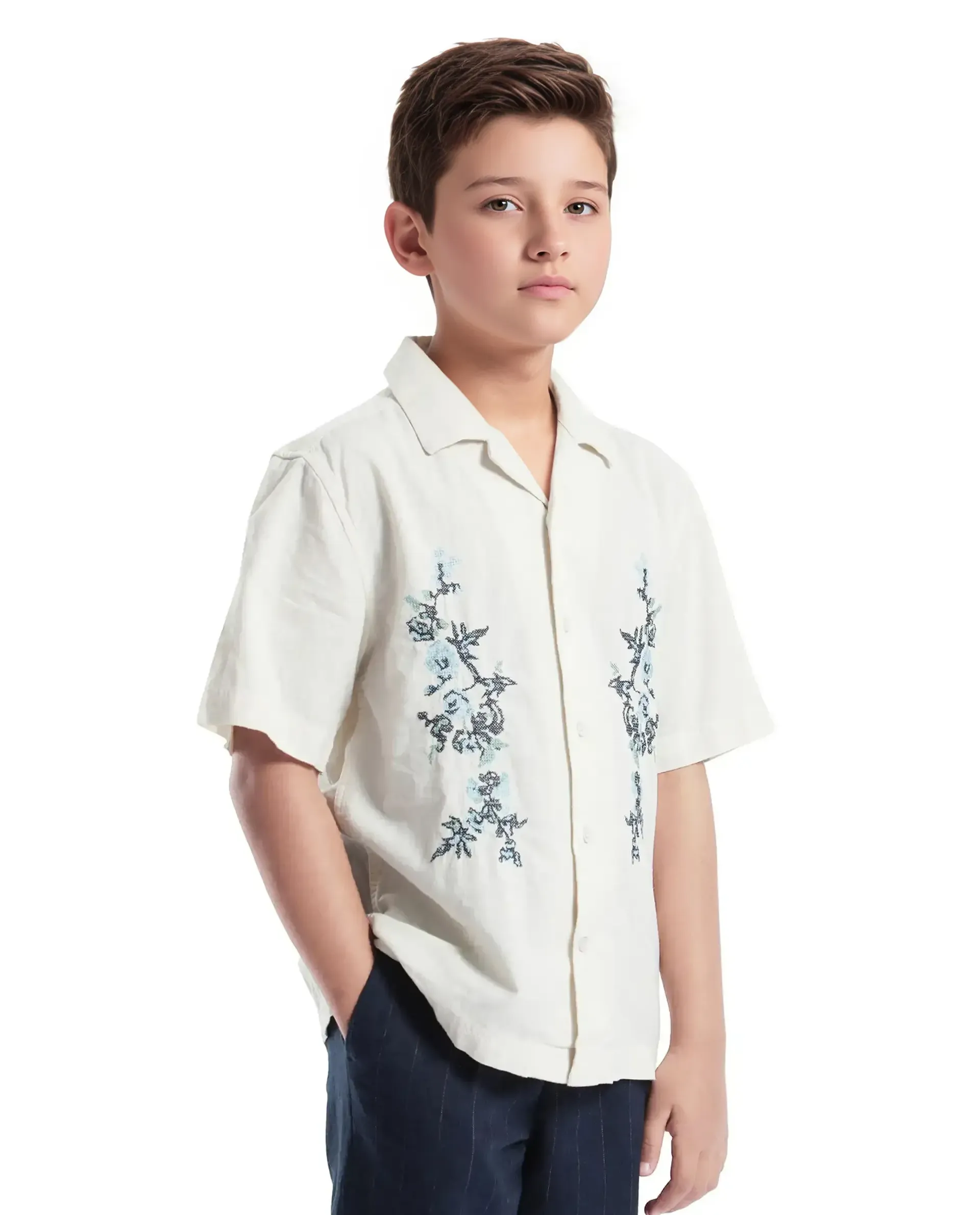 Rare Ones Kids Mila Light Beige Cotton Half Sleeve Embroidered Button Closure Regular Fit Shirt - Image 6
