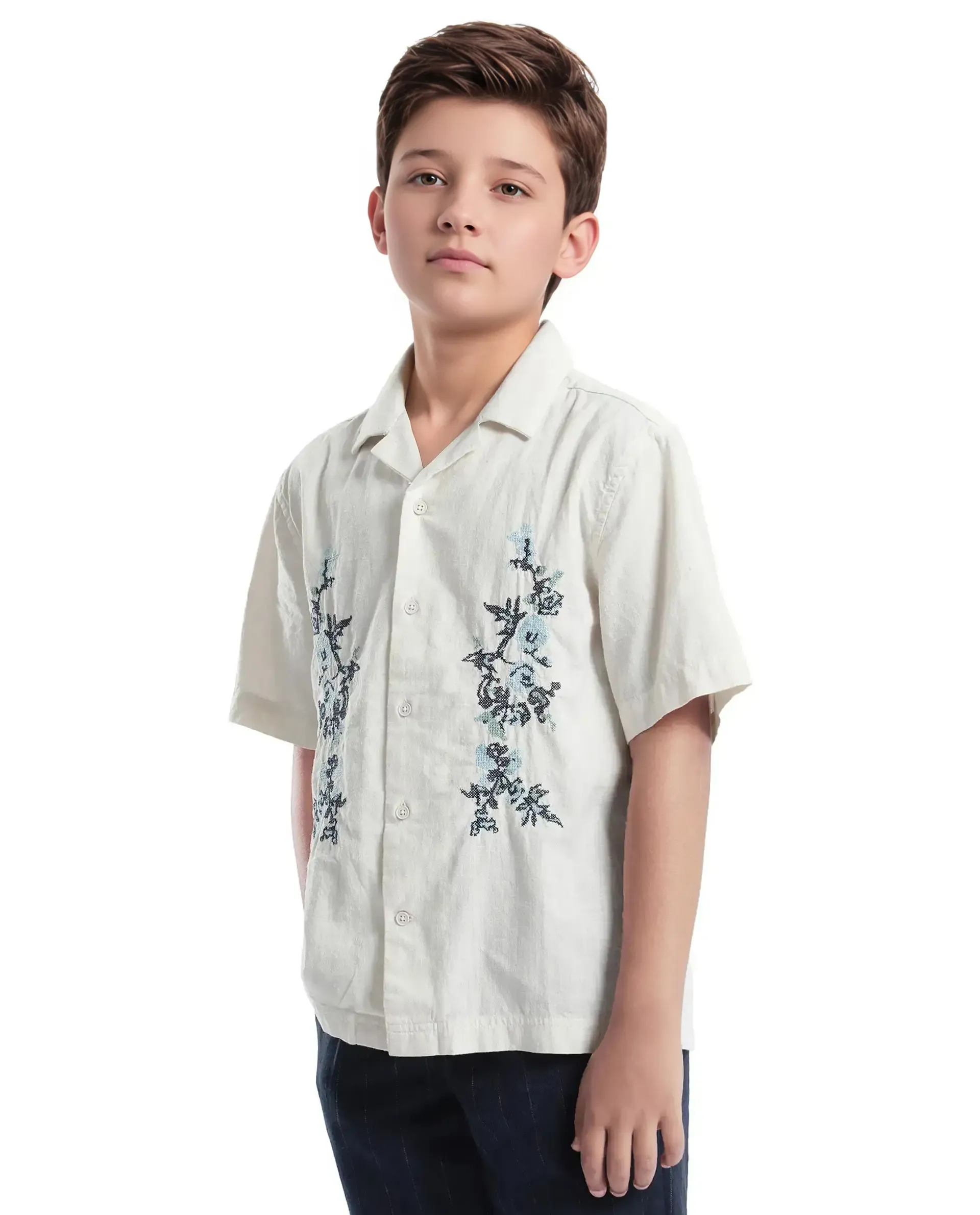 Rare Ones Kids Mila Light Beige Cotton Half Sleeve Embroidered Button Closure Regular Fit Shirt - Image 7