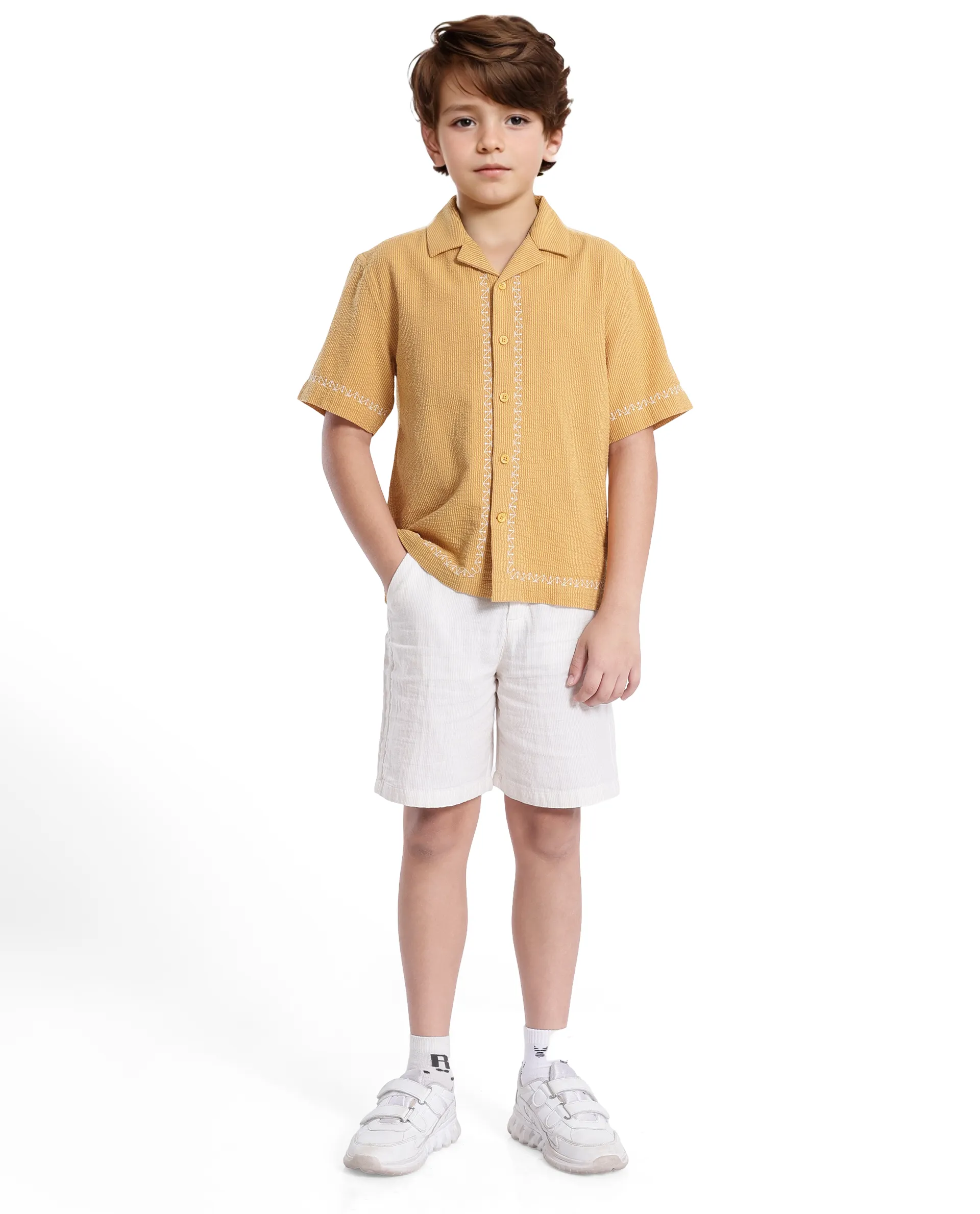 Rare Ones Kids Mixo-S Mustard Cotton Half Sleeve Embroidered Boxy Fit Shirt - Image 2