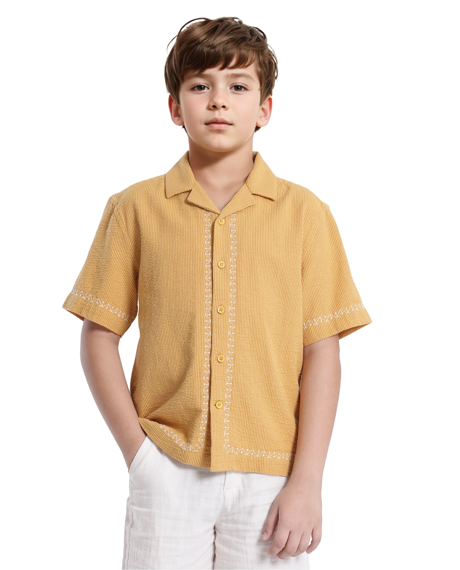 Rare Ones Kids Mixo-S Mustard Cotton Half Sleeve Embroidered Boxy Fit Shirt - Image 3