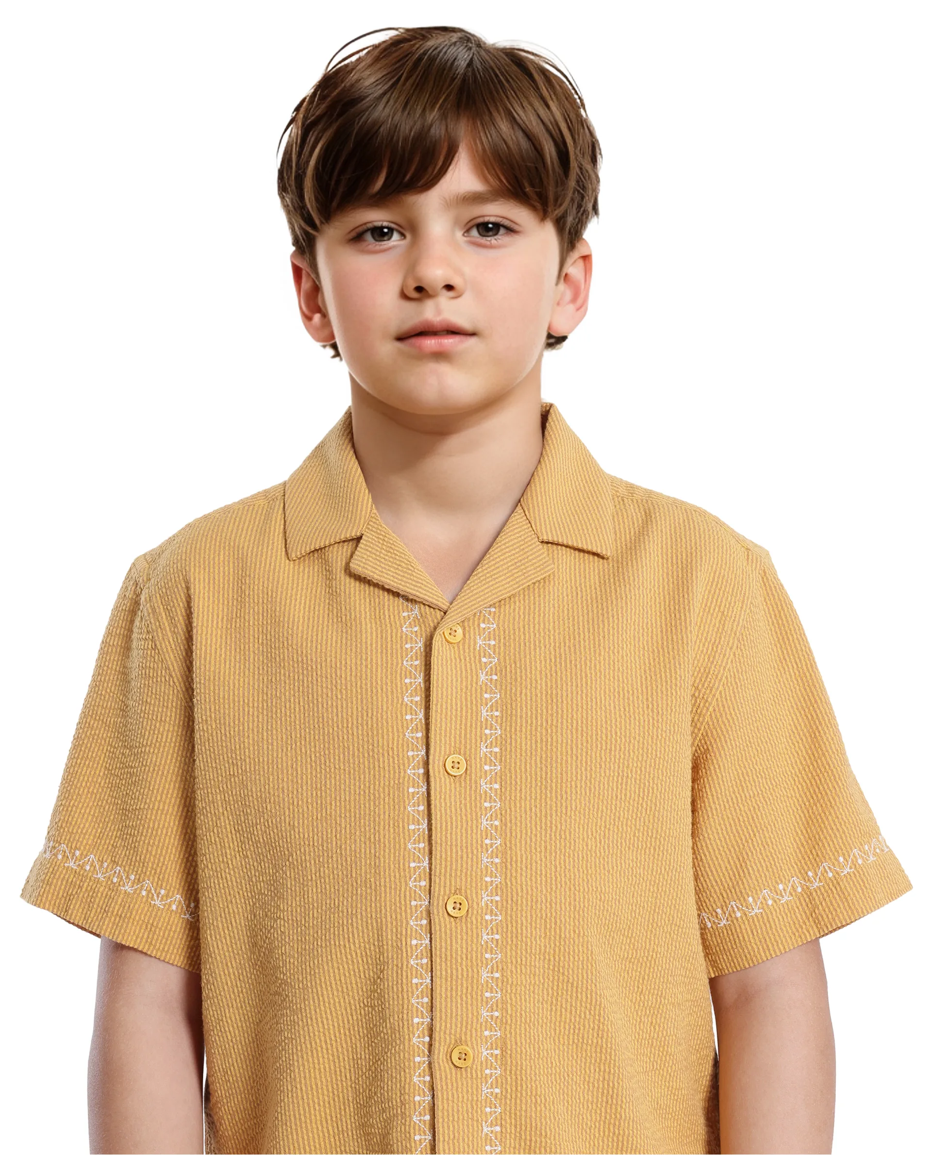 Rare Ones Kids Mixo-S Mustard Cotton Half Sleeve Embroidered Boxy Fit Shirt - Image 4