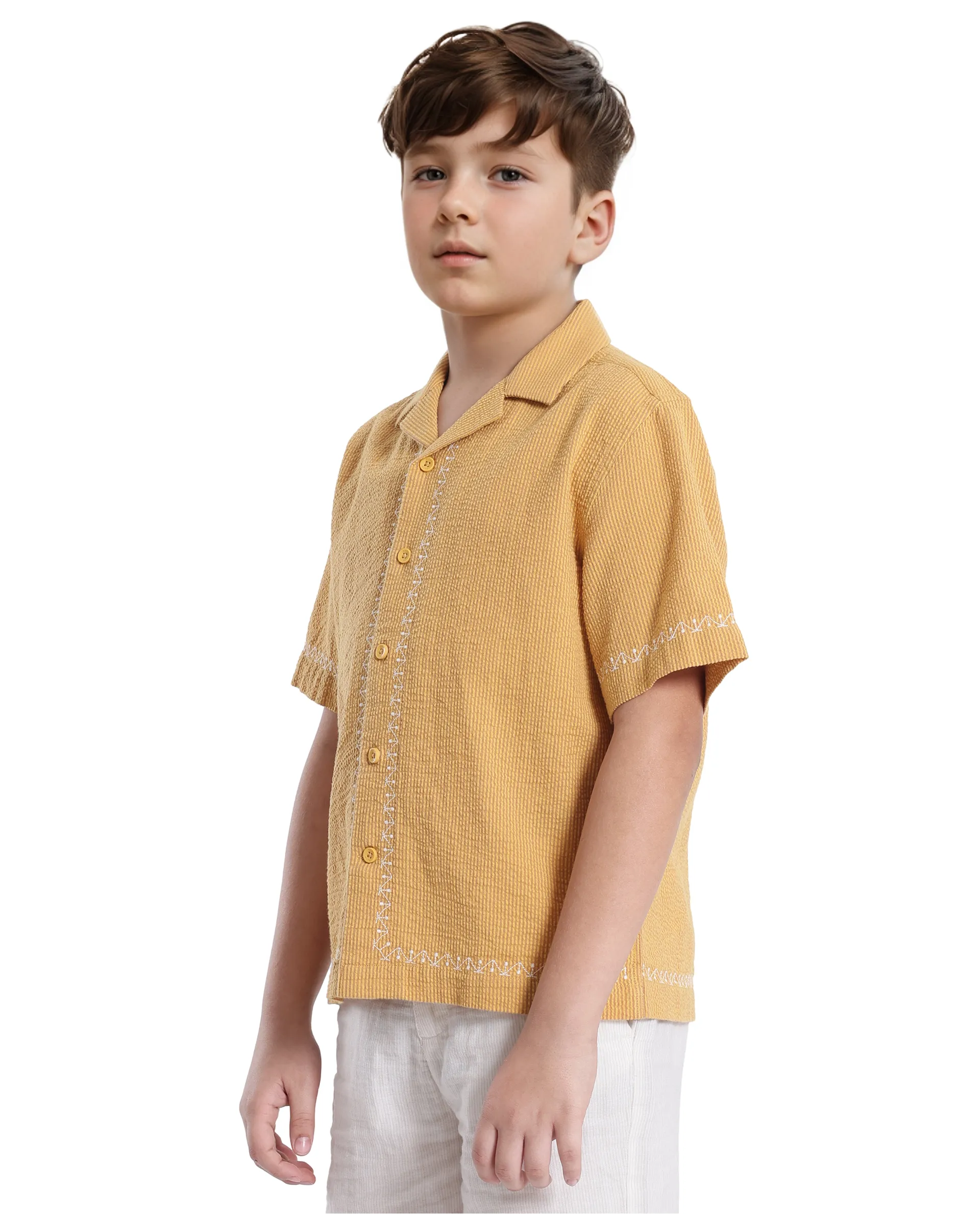 Rare Ones Kids Mixo-S Mustard Cotton Half Sleeve Embroidered Boxy Fit Shirt - Image 6