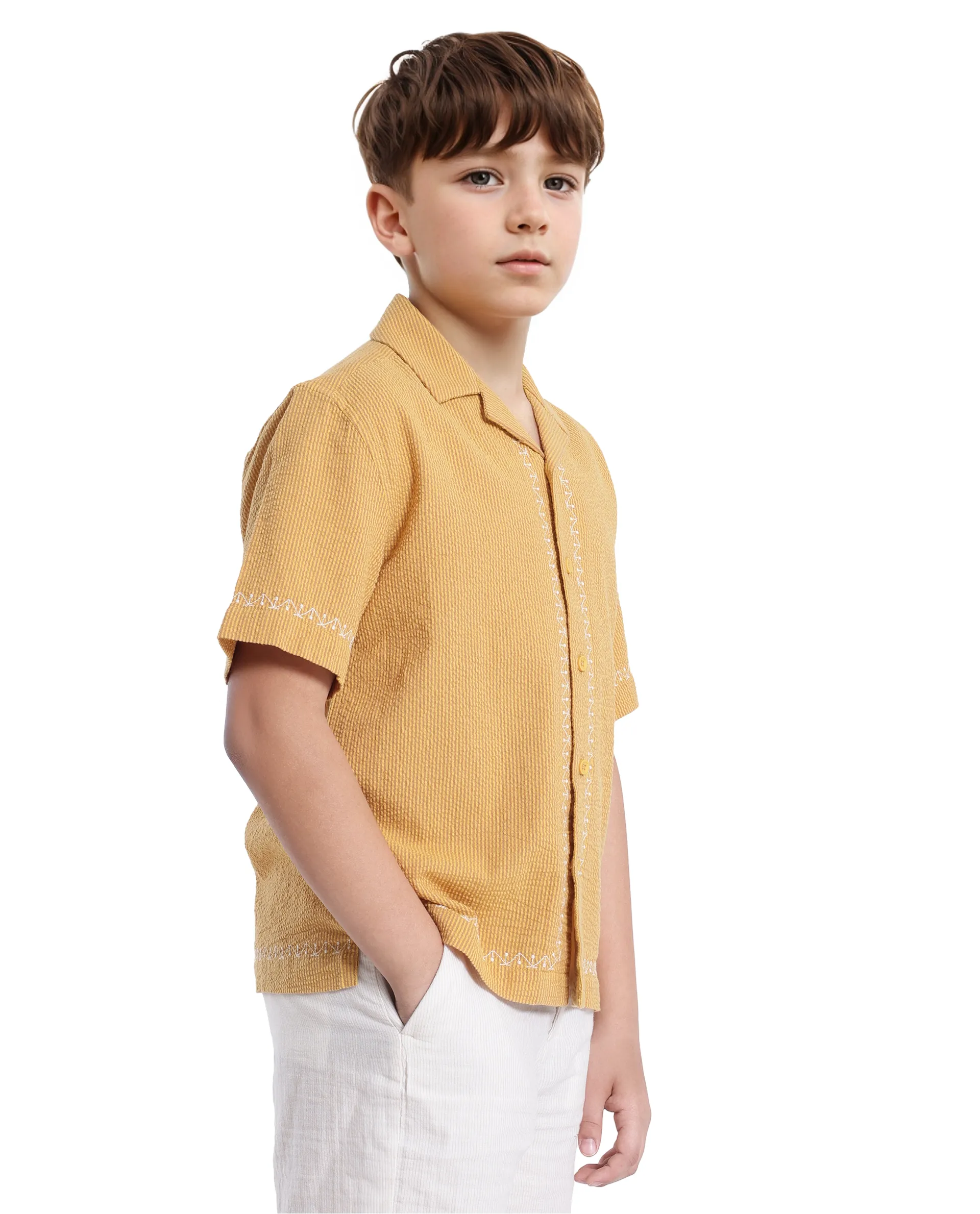 Rare Ones Kids Mixo-S Mustard Cotton Half Sleeve Embroidered Boxy Fit Shirt - Image 7