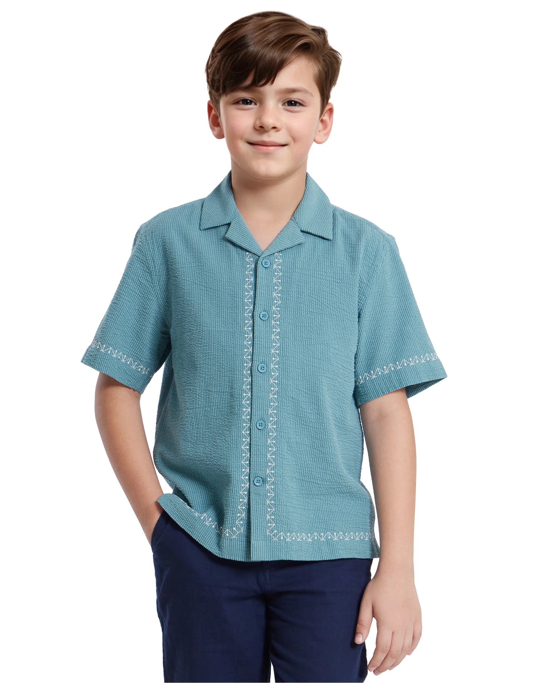 Rare Ones Kids Mixo-S Teal Cotton Half Sleeve Embroidered Boxy Fit Shirt - Image 2