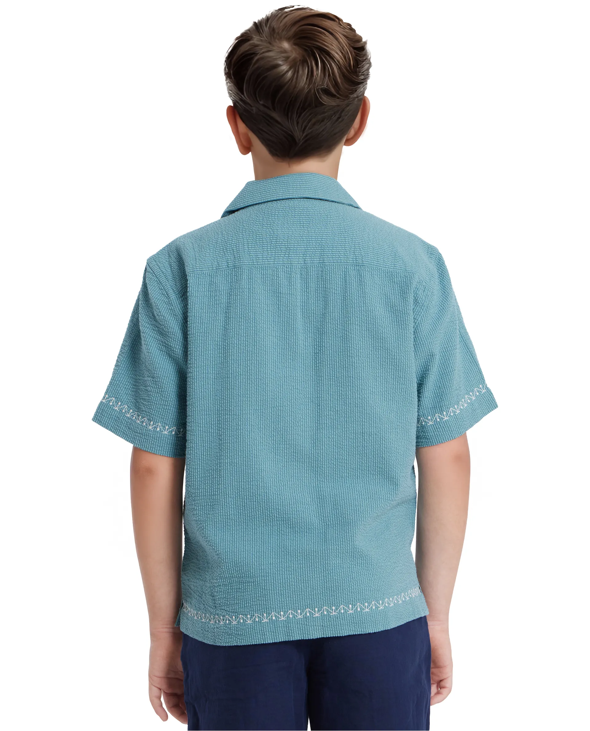 Rare Ones Kids Mixo-S Teal Cotton Half Sleeve Embroidered Boxy Fit Shirt - Image 5