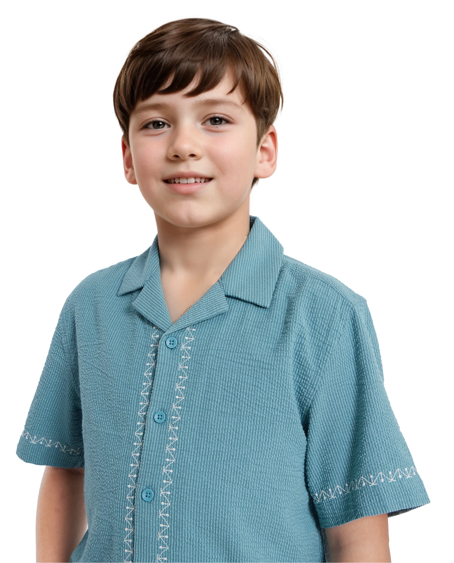 Rare Ones Kids Mixo-S Teal Cotton Half Sleeve Embroidered Boxy Fit Shirt - Image 6