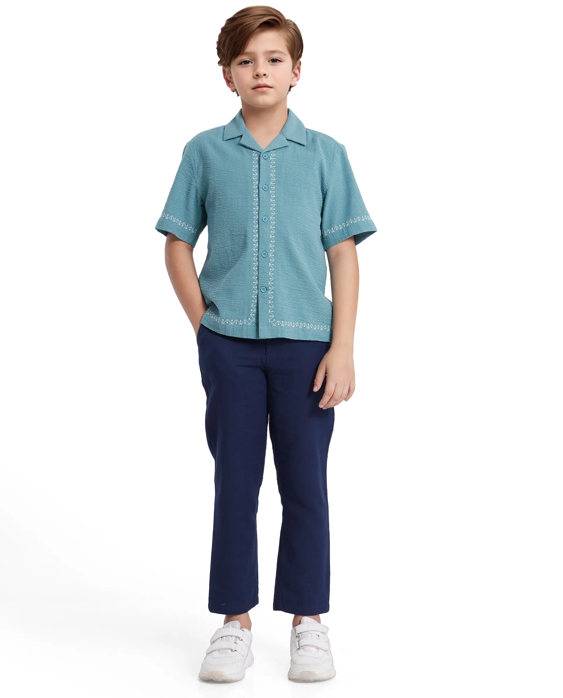 Rare Ones Kids Mixo-S Teal Cotton Half Sleeve Embroidered Boxy Fit Shirt - Image 7