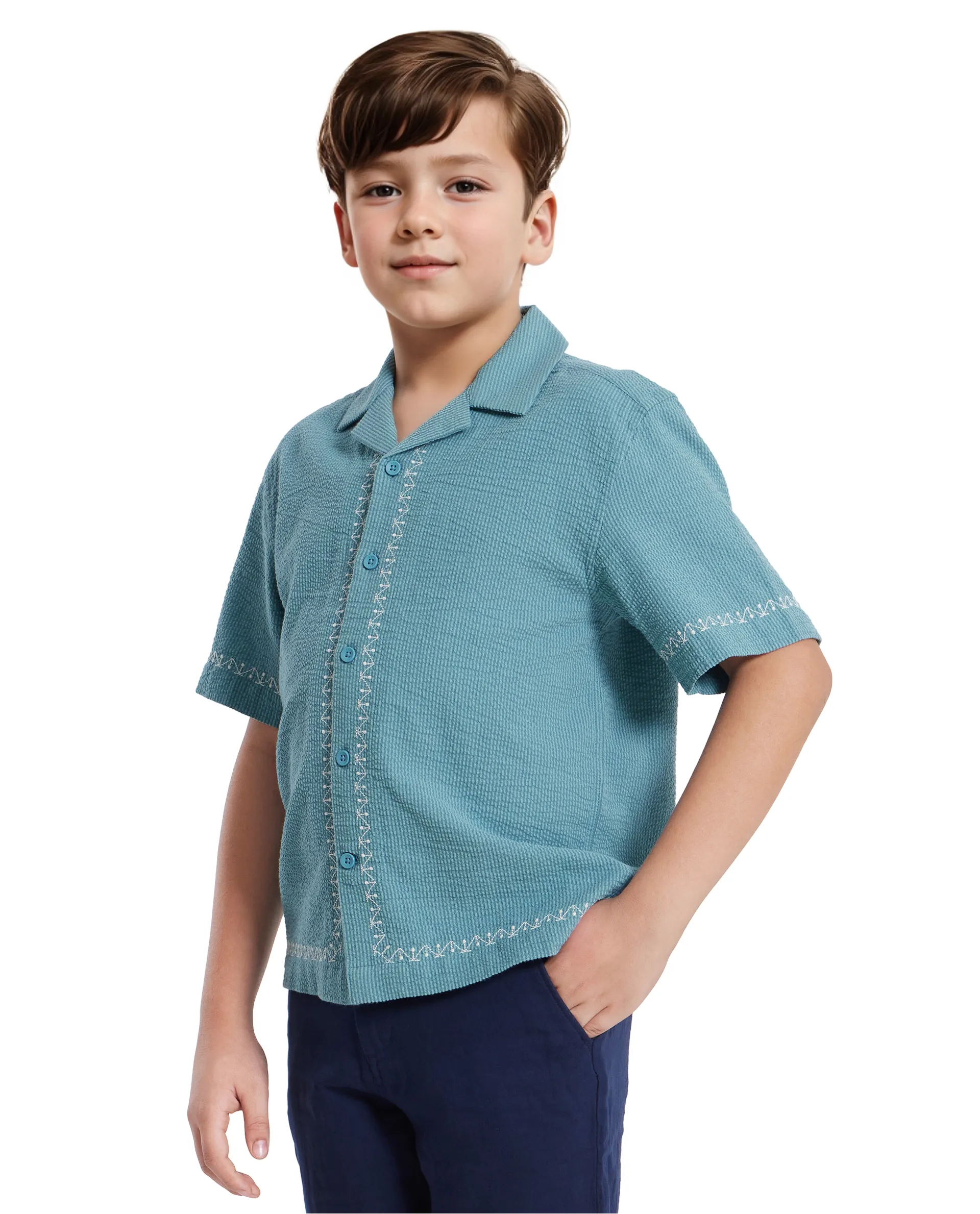 Rare Ones Kids Mixo-S Teal Cotton Half Sleeve Embroidered Boxy Fit Shirt - Image 8