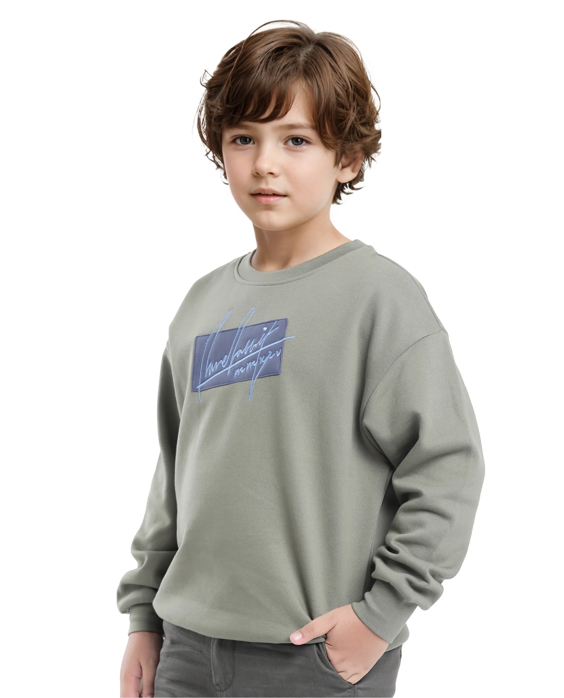 Rare Ones Kids Niret Dusky Green Cotton Poly Full Sleeve Embroidered Sweatshirt - Image 7