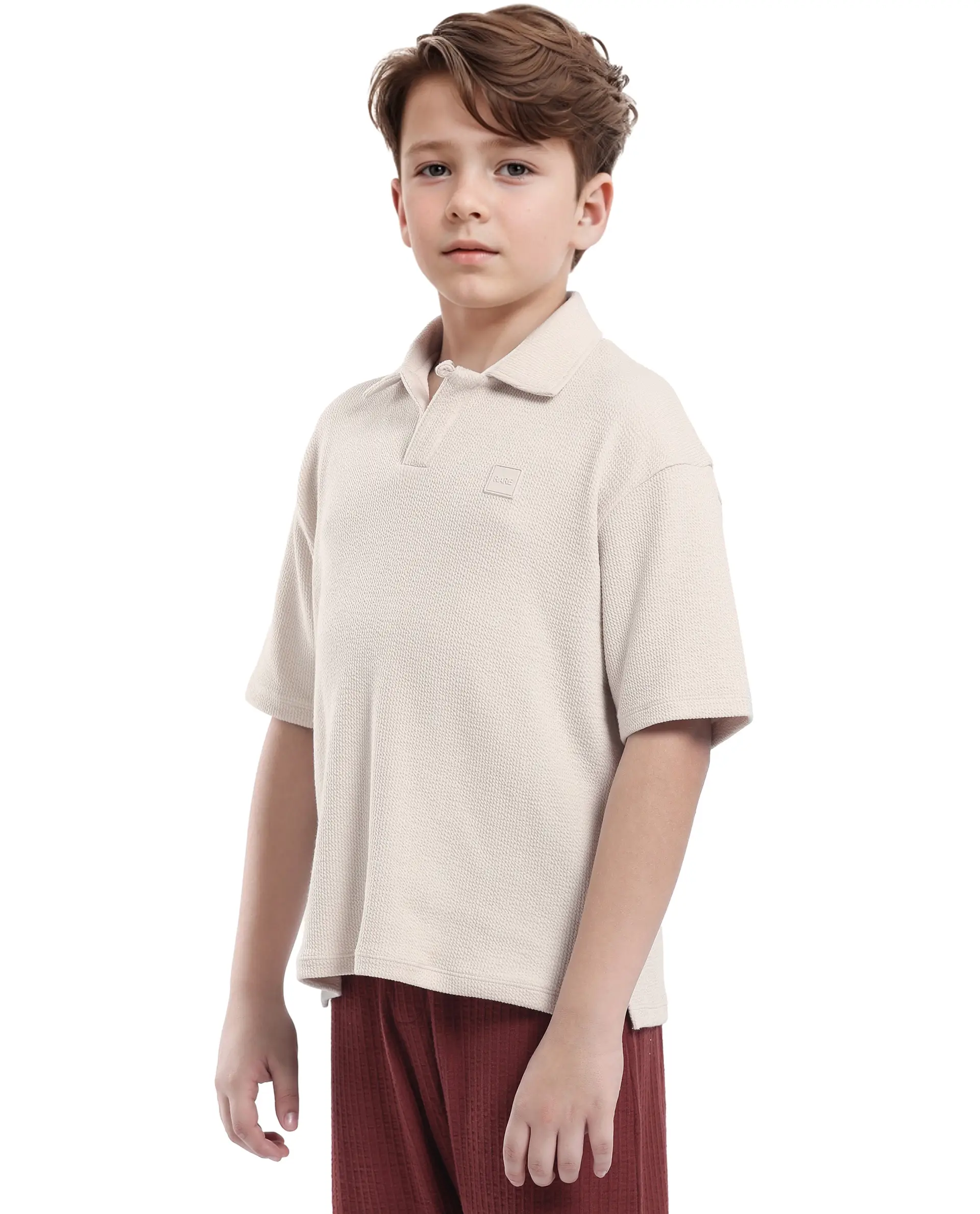 Rare Ones Kids Nisk Light Beige Polyester Blend Short Sleeve Polo Collar Solid Polo - Image 5