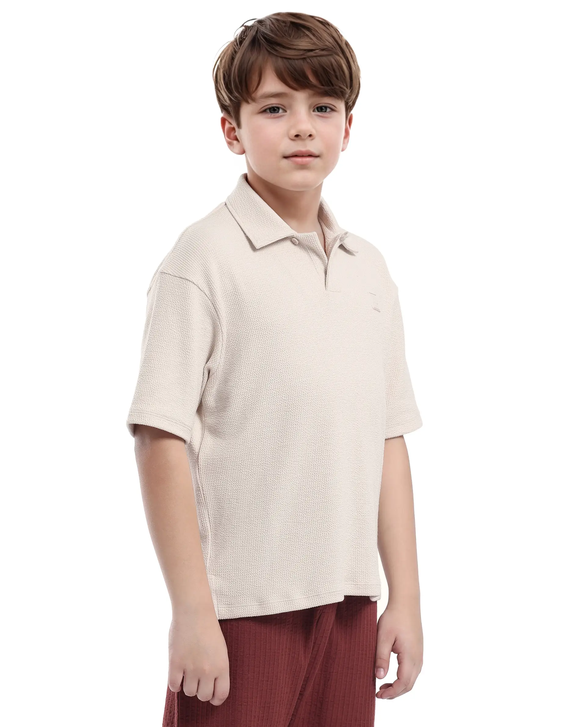 Rare Ones Kids Nisk Light Beige Polyester Blend Short Sleeve Polo Collar Solid Polo - Image 6