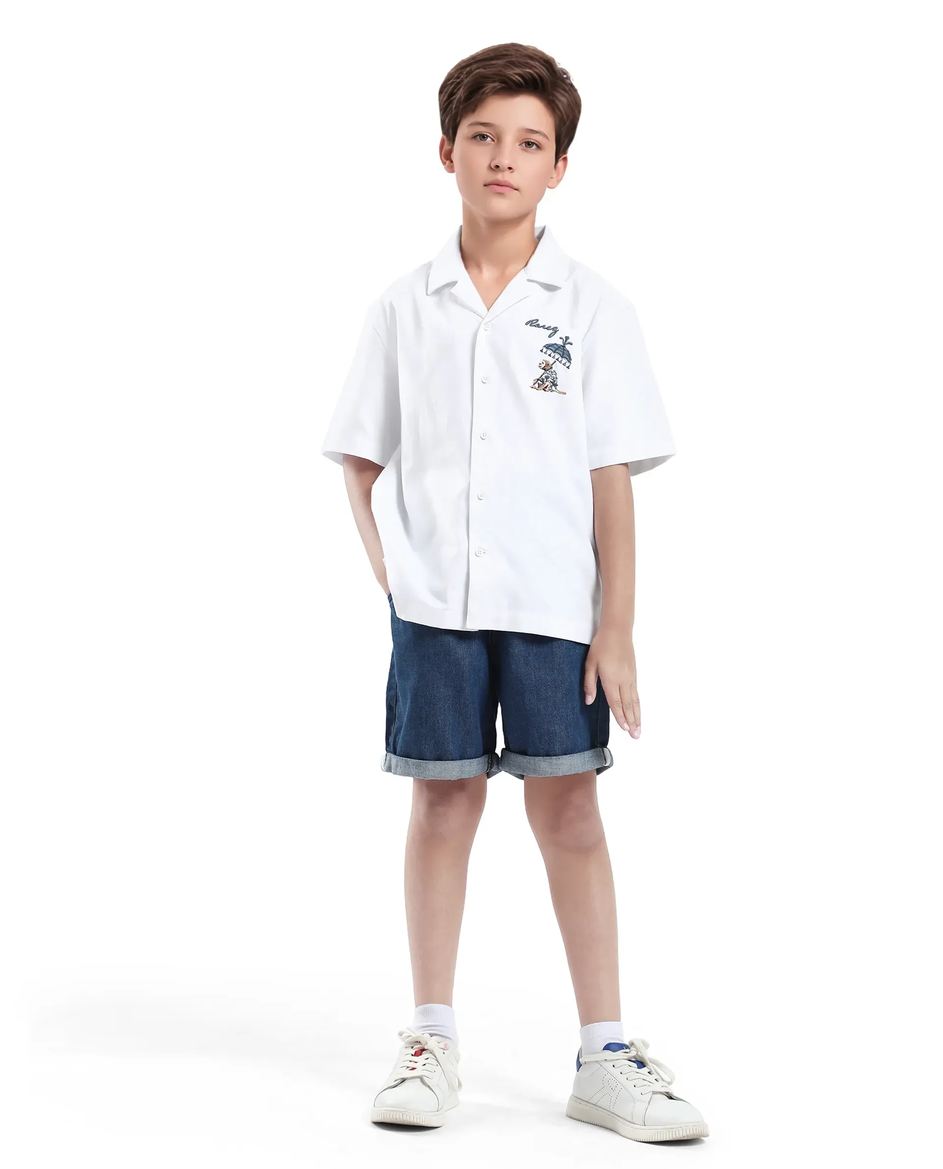 Rare Ones Kids Ofo White Cotton Blend Full Sleeve Button Embroidered Regular Fit Shirt - Image 2