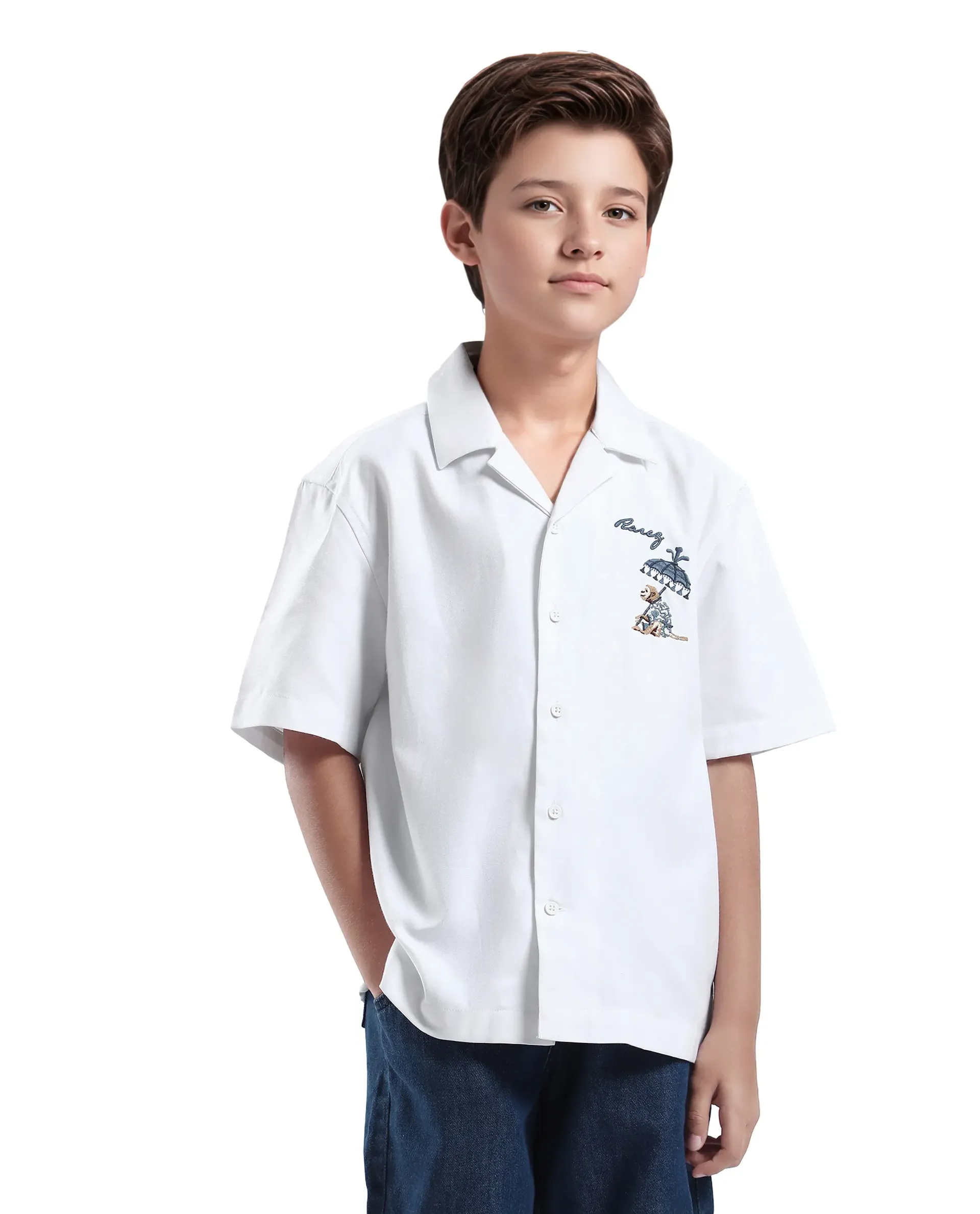 Rare Ones Kids Ofo White Cotton Blend Full Sleeve Button Embroidered Regular Fit Shirt - Image 3