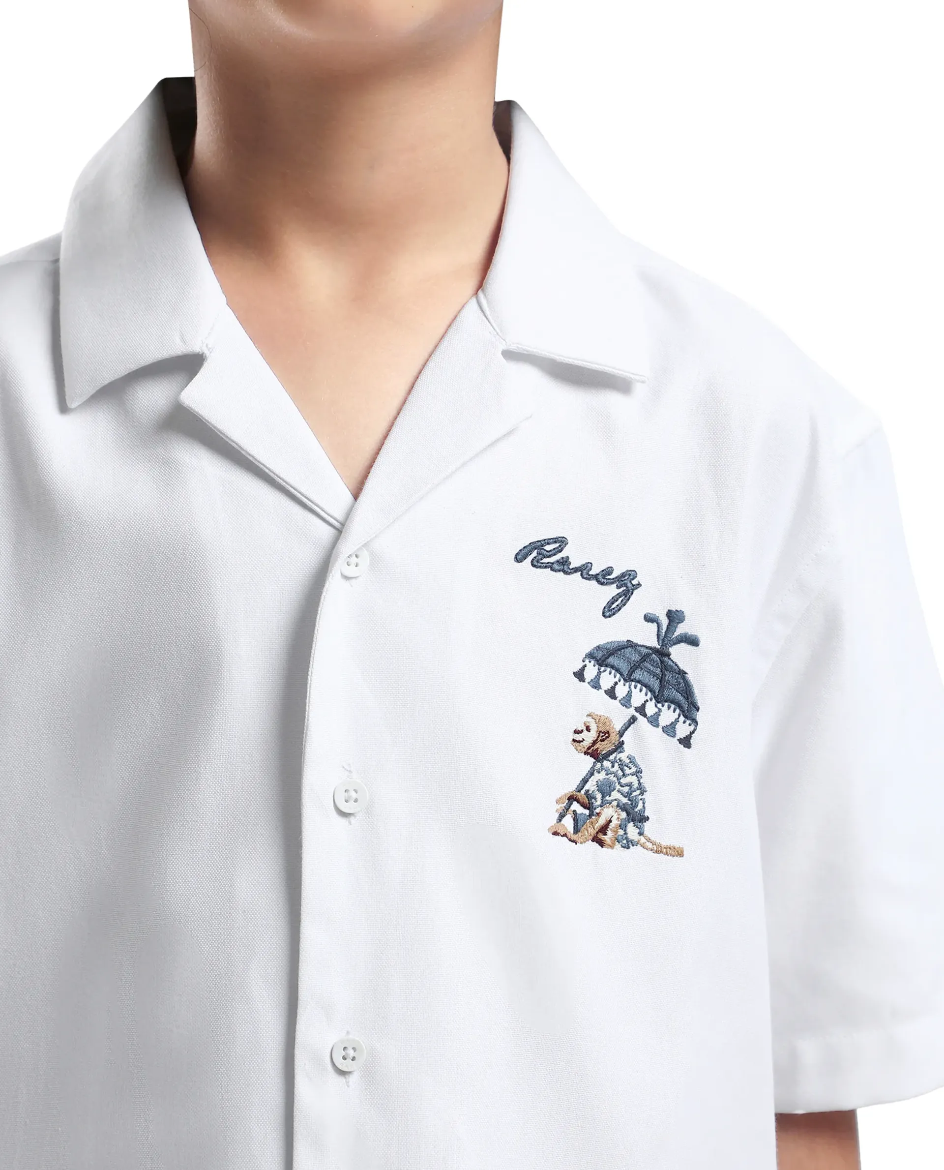 Rare Ones Kids Ofo White Cotton Blend Full Sleeve Button Embroidered Regular Fit Shirt - Image 4