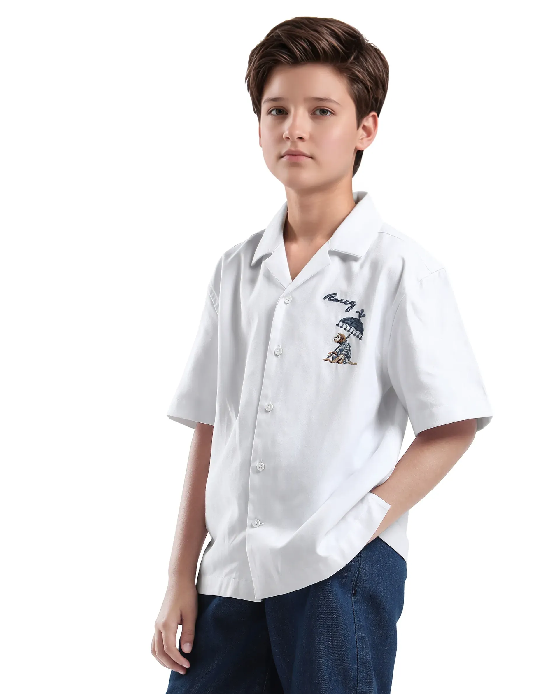Rare Ones Kids Ofo White Cotton Blend Full Sleeve Button Embroidered Regular Fit Shirt - Image 6
