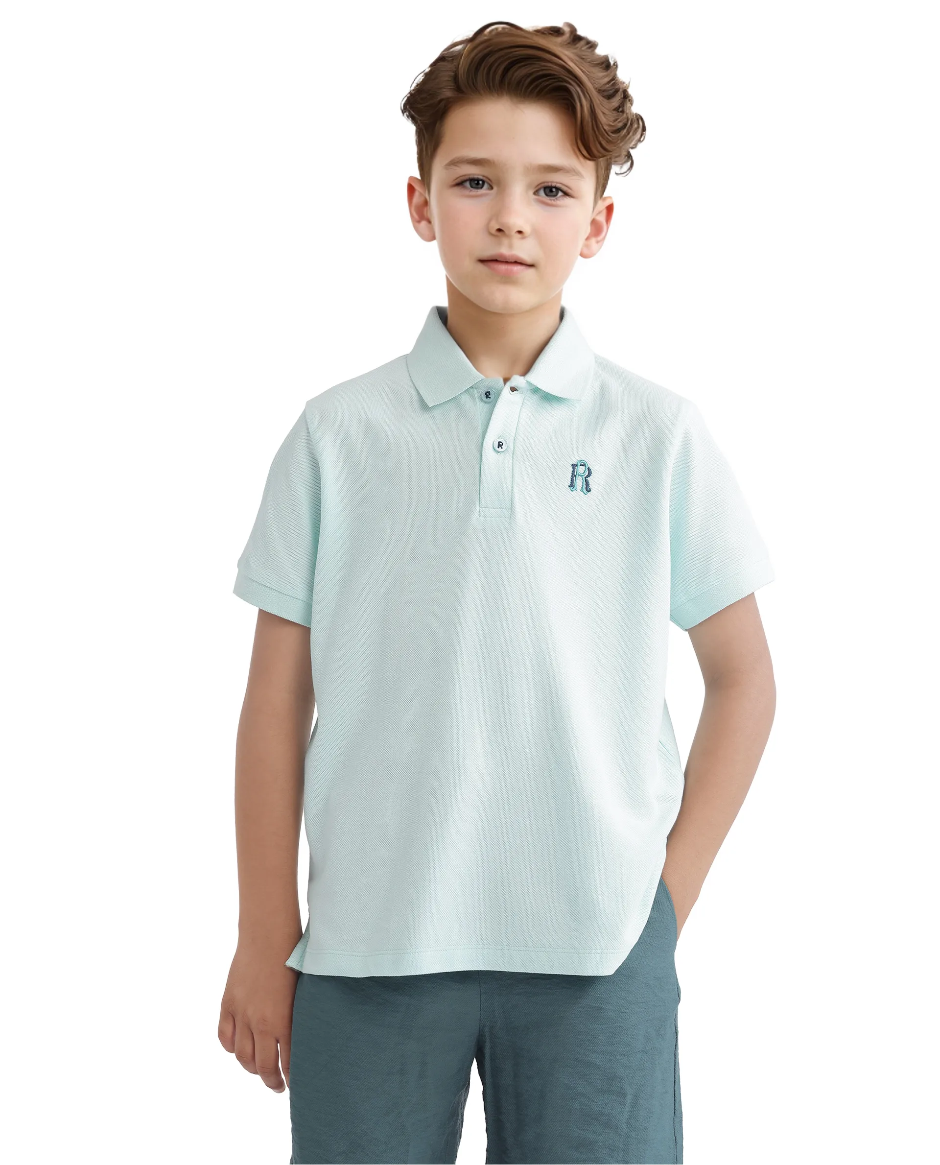 Rare Ones Kids Orik Light Turq Cotton Short Sleeve Embroidered Regular Fit Polo - Image 3