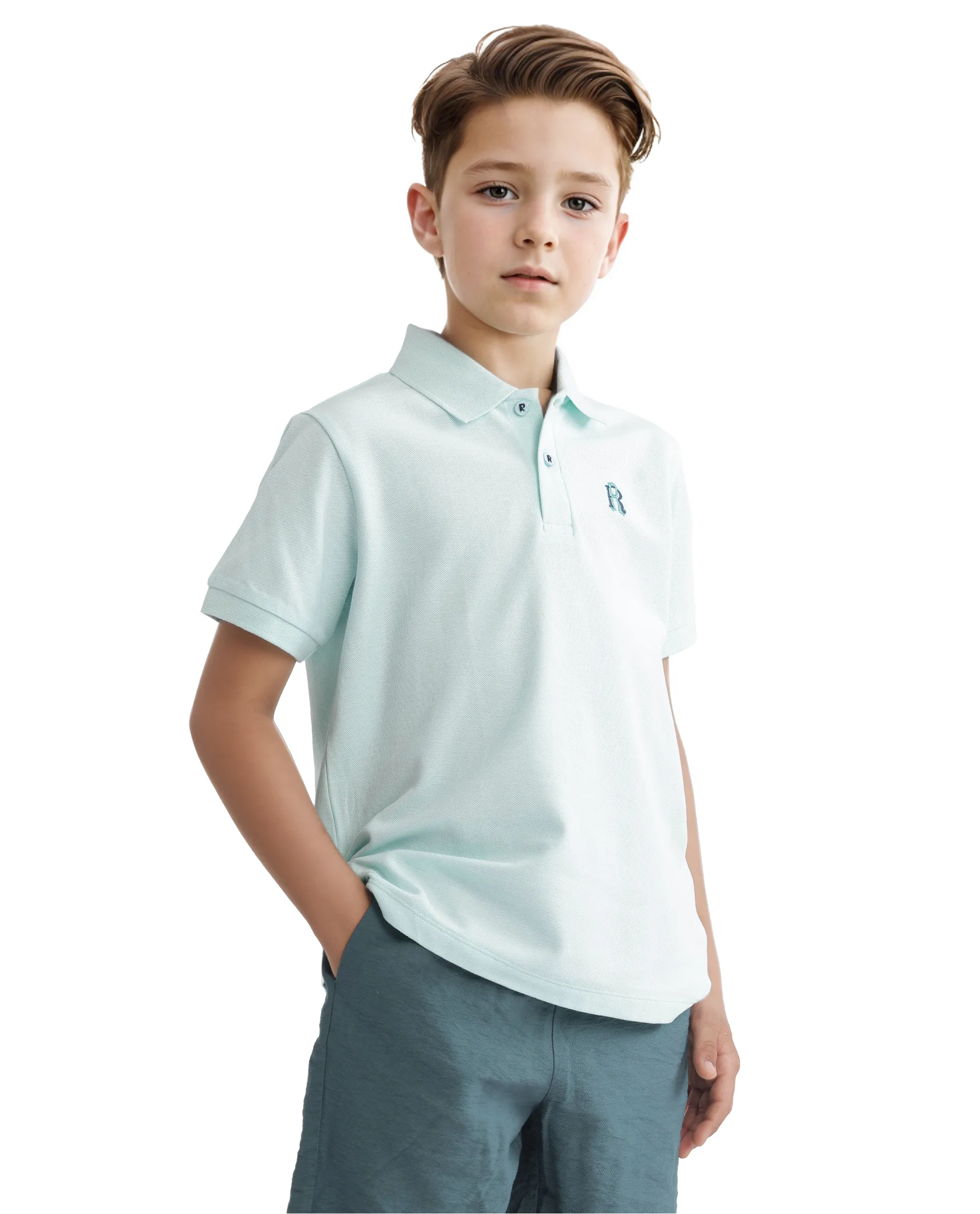 Rare Ones Kids Orik Light Turq Cotton Short Sleeve Embroidered Regular Fit Polo - Image 7