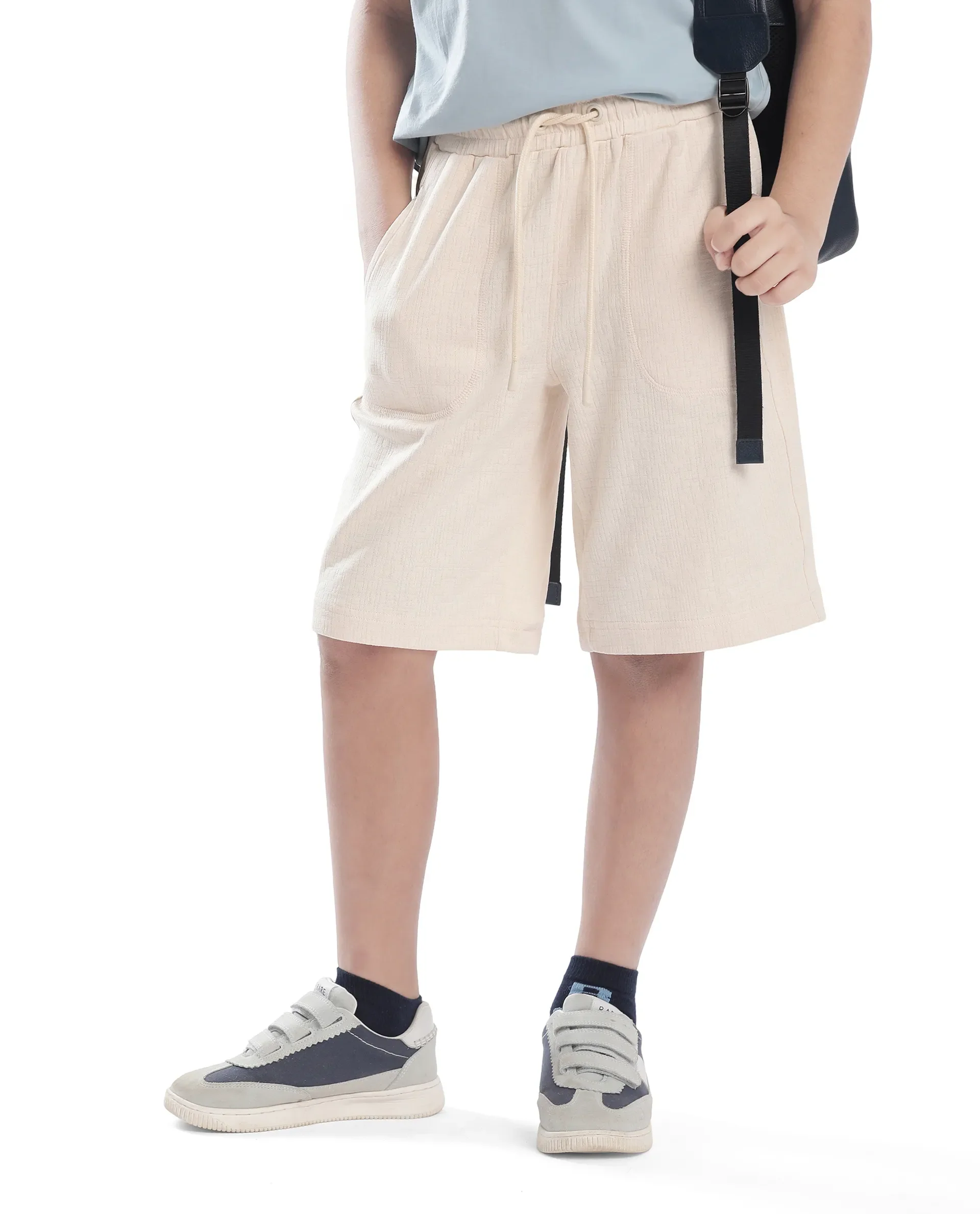 Rare Ones Kids Oryn Beige Cotton Blend Drawstring Solid Regular Fit Shorts - Image 2