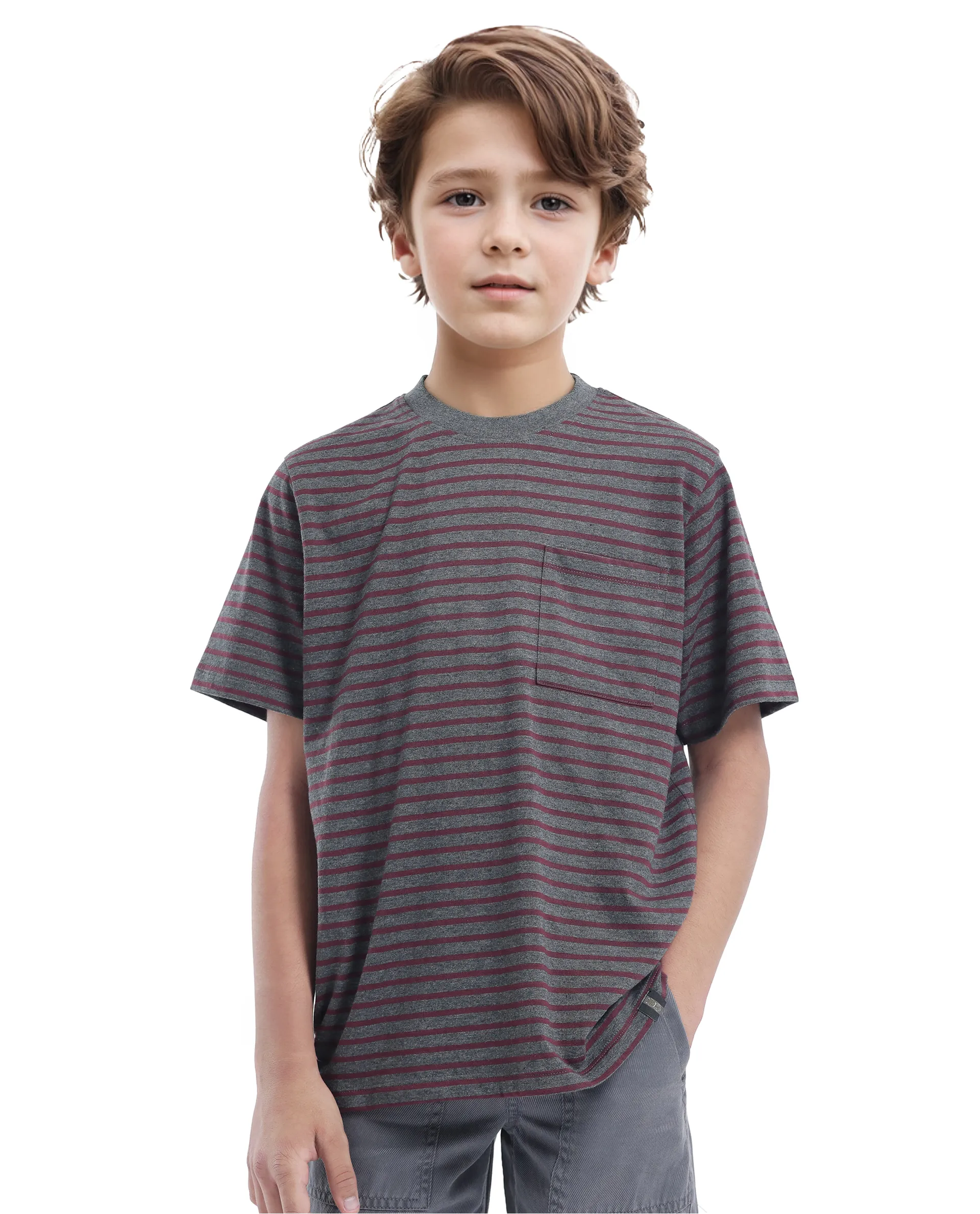 Rare Ones Kids Oto-4 Maroon,Dusky Blue Cotton Half Sleeve Striped Slip-On Closure Regular Fit T-Shirt (Pack Of 2) - Image 4