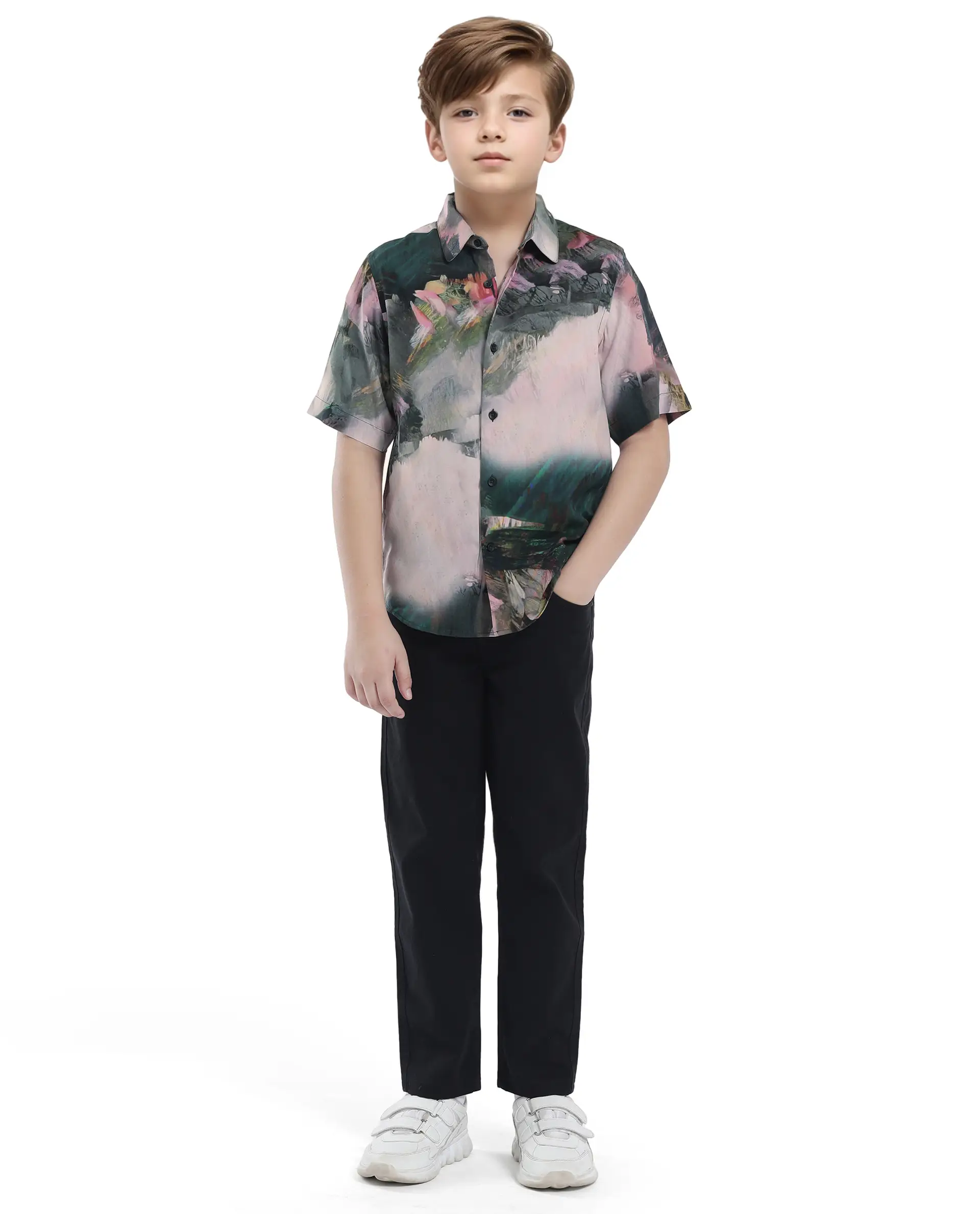Rare Ones Kids Paint Green Viscose Half Sleeve Button Printed Regular Fit Shirt - Image 2