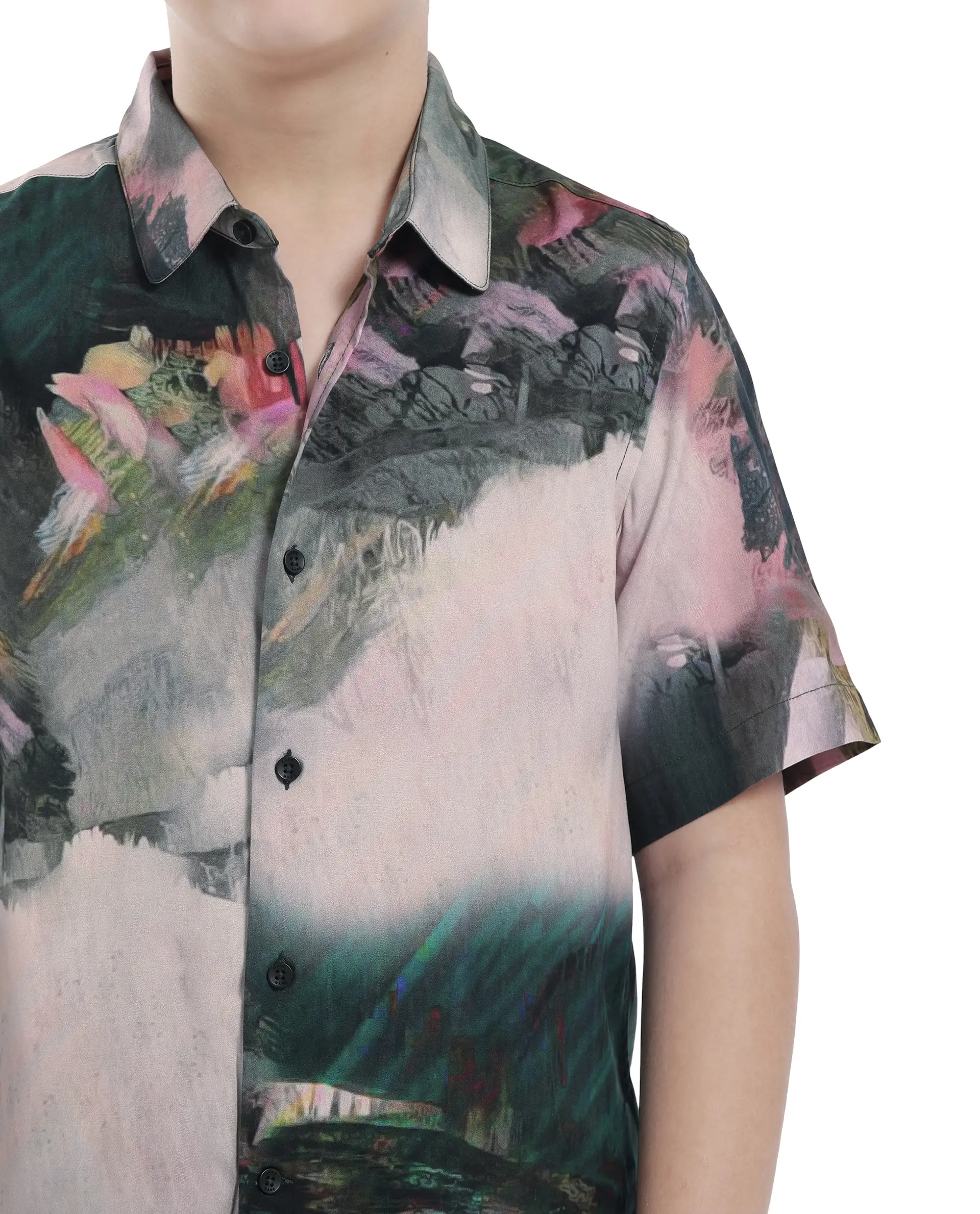 Rare Ones Kids Paint Green Viscose Half Sleeve Button Printed Regular Fit Shirt - Image 5