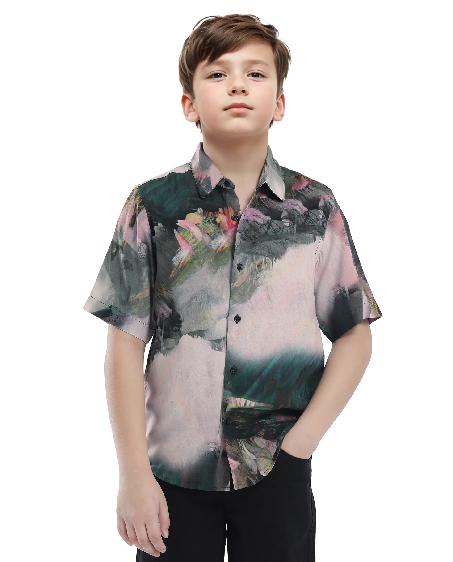 Rare Ones Kids Paint Green Viscose Half Sleeve Button Printed Regular Fit Shirt - Image 6