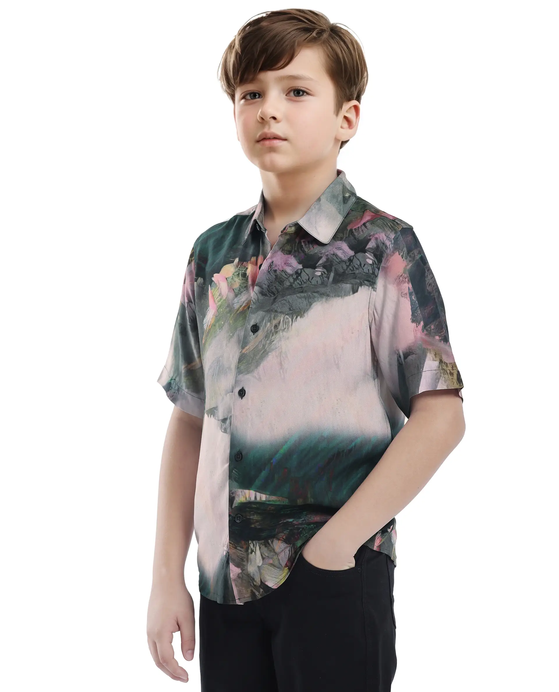 Rare Ones Kids Paint Green Viscose Half Sleeve Button Printed Regular Fit Shirt - Image 7