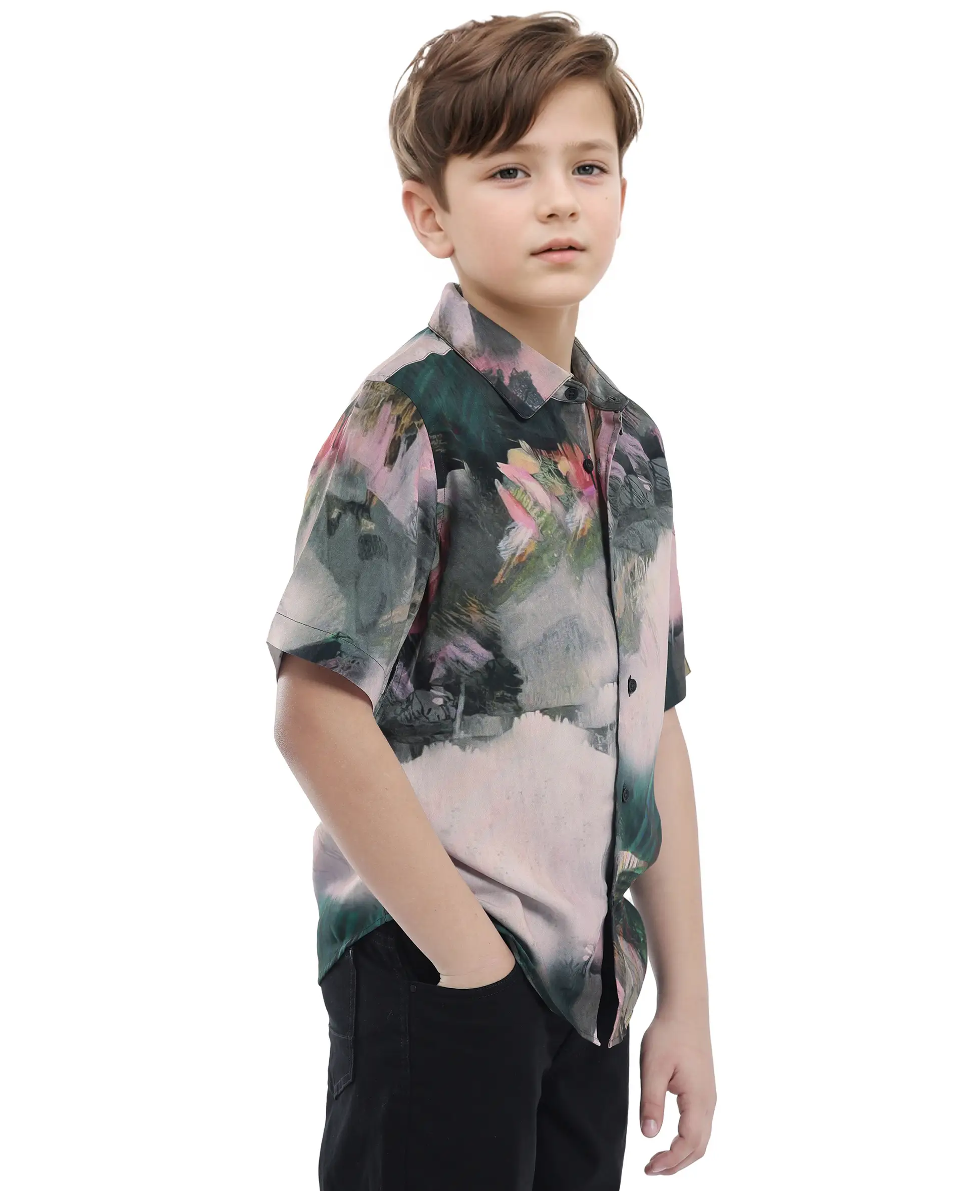 Rare Ones Kids Paint Green Viscose Half Sleeve Button Printed Regular Fit Shirt - Image 8