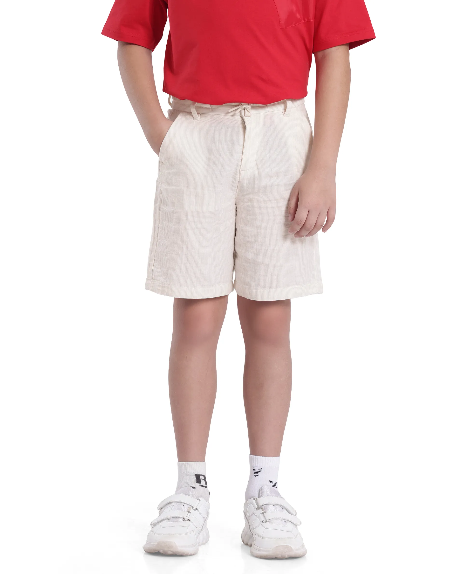 Rare Ones Kids Pinto-K Off White Cotton Solid Drawstring Closure Regular Fit Shorts - Image 3