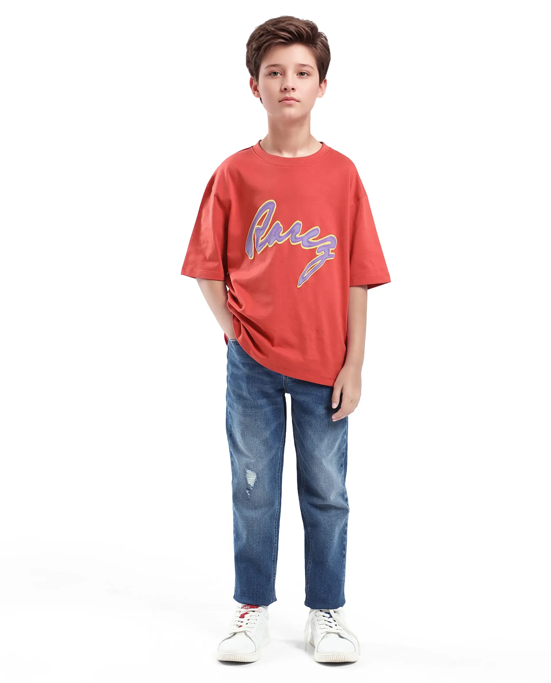 Rare Ones Kids Pixa Dusky Red Cotton Graphic Print Slip-On Oversized Fit T-Shirt - Image 2