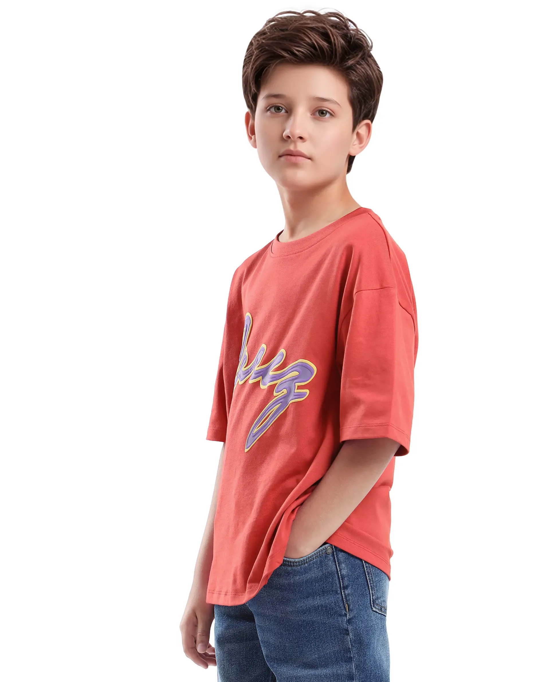 Rare Ones Kids Pixa Dusky Red Cotton Graphic Print Slip-On Oversized Fit T-Shirt - Image 5