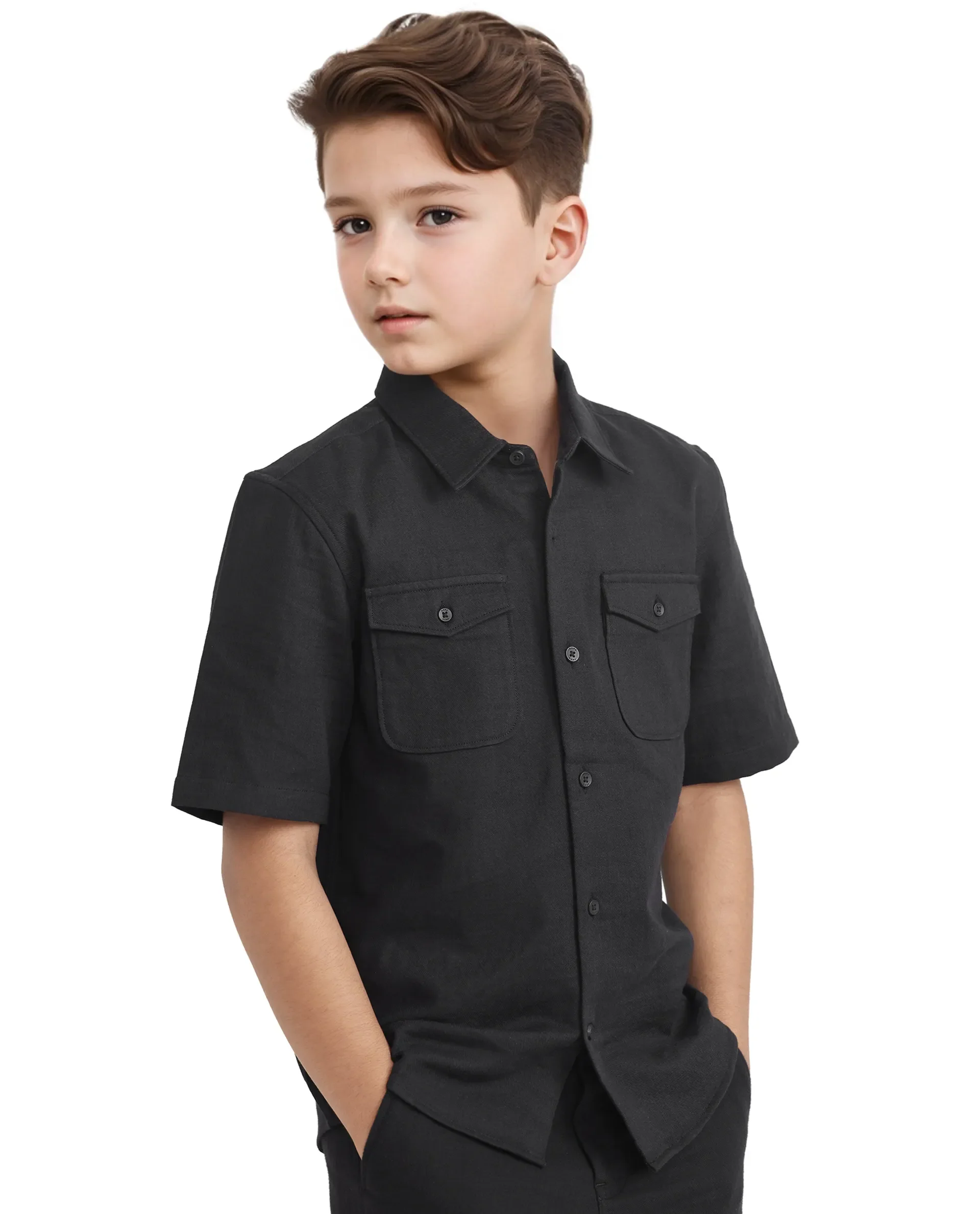 Rare Ones Kids Prest-K Black Cotton Short Sleeve Plain Regular Shirt - Image 5
