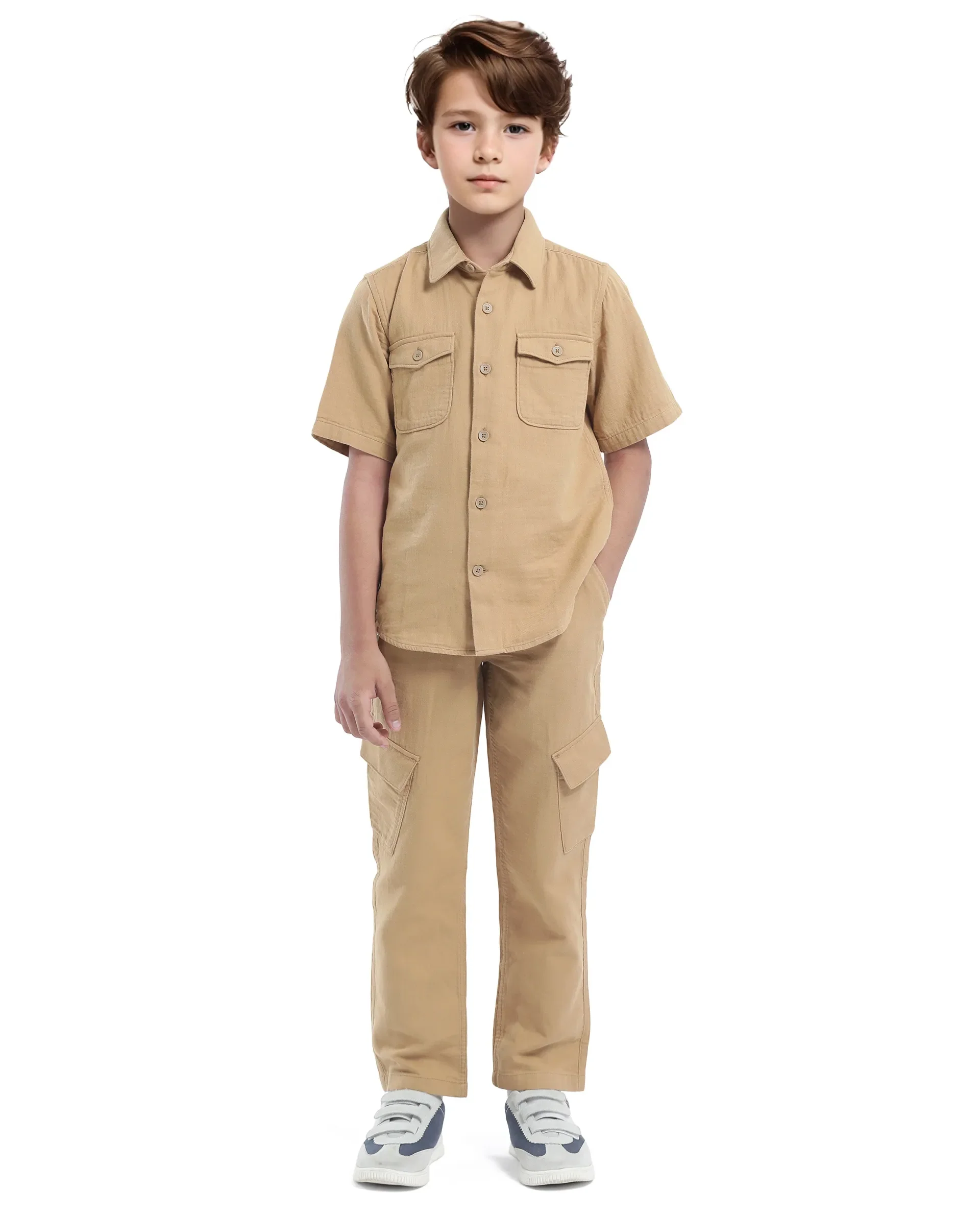 Rare Ones Kids Prest-K Tan Cotton Short Sleeve Button Closure Solid Regular Fit Shirt - Image 2