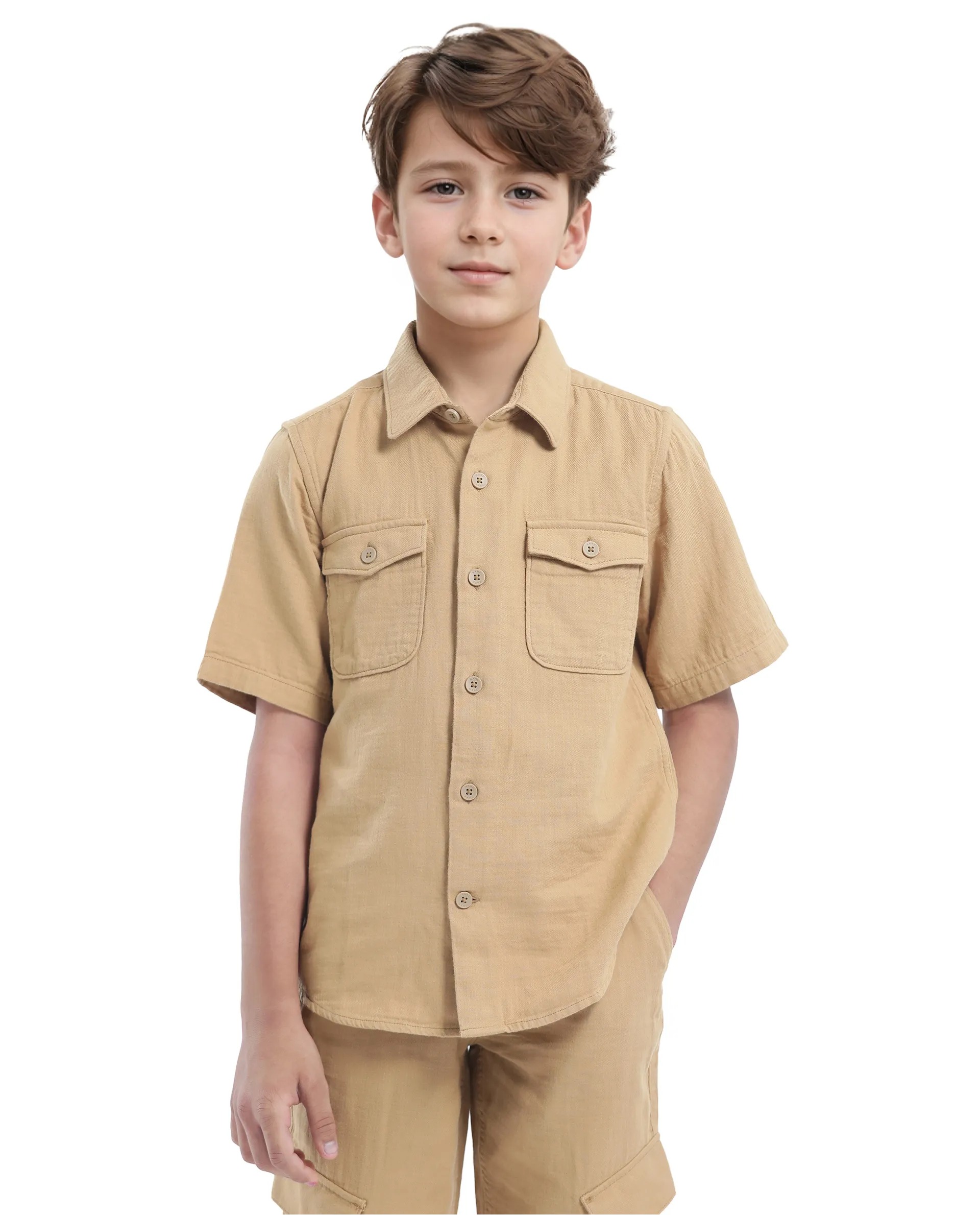 Rare Ones Kids Prest-K Tan Cotton Short Sleeve Button Closure Solid Regular Fit Shirt - Image 5