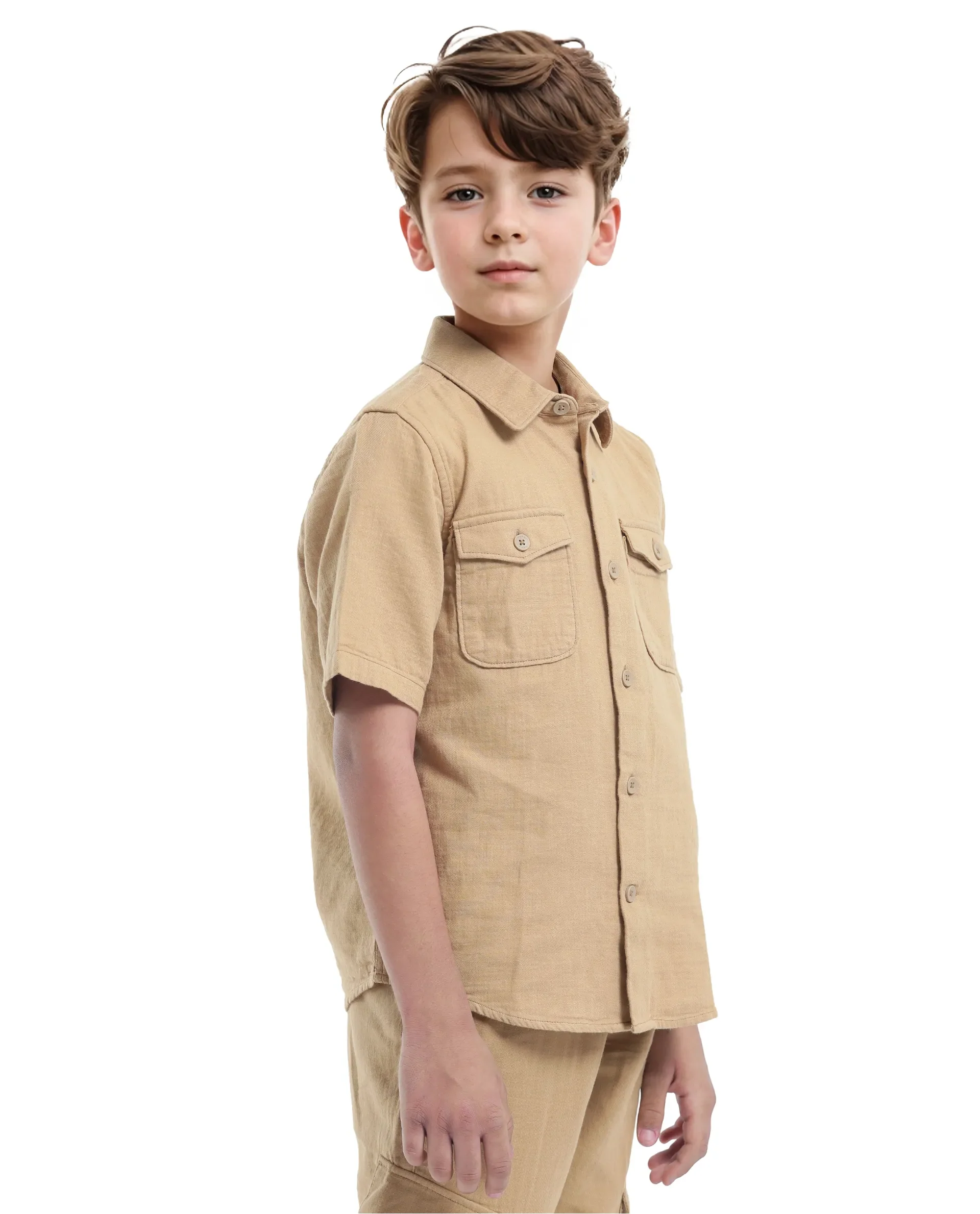 Rare Ones Kids Prest-K Tan Cotton Short Sleeve Button Closure Solid Regular Fit Shirt - Image 6
