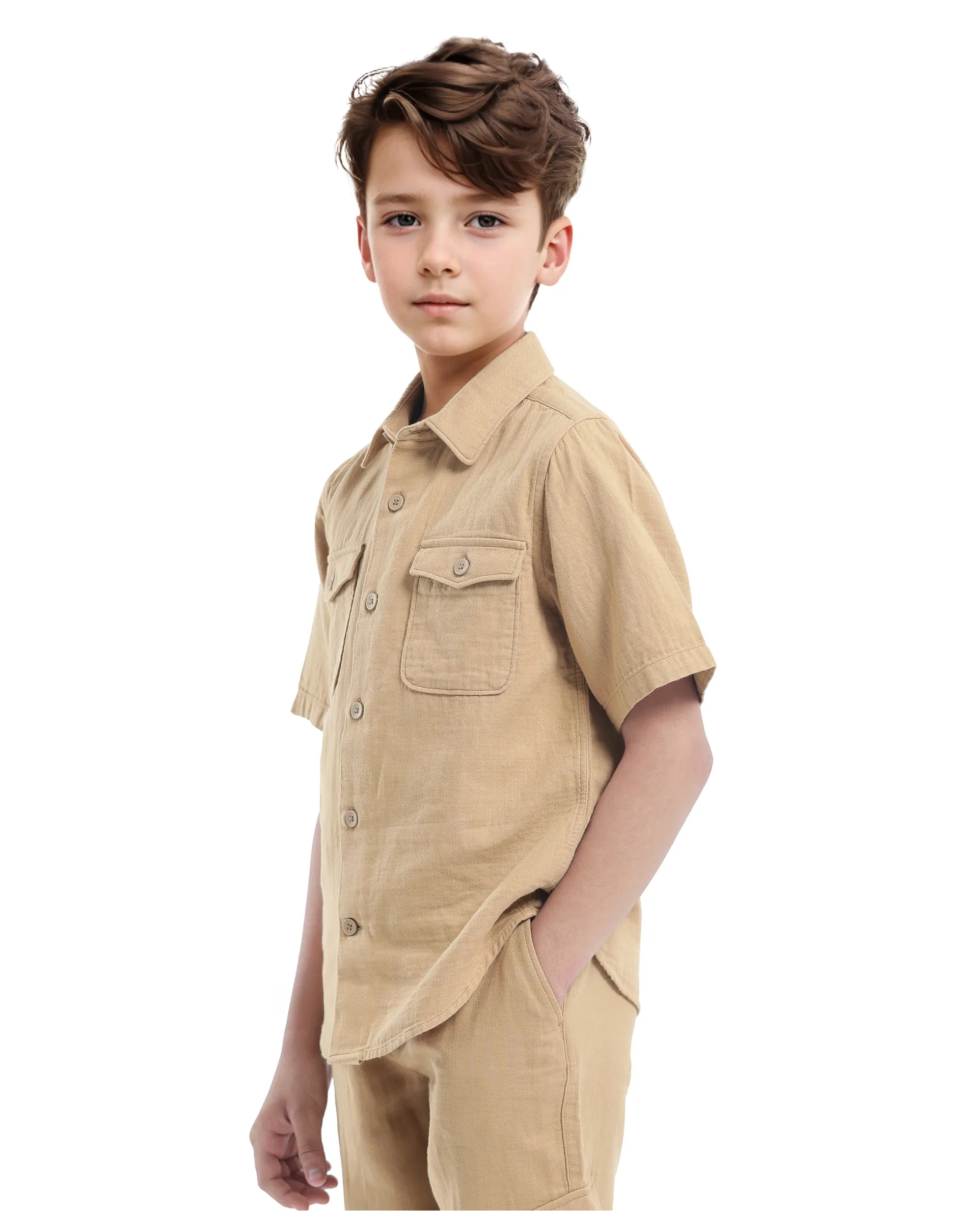 Rare Ones Kids Prest-K Tan Cotton Short Sleeve Button Closure Solid Regular Fit Shirt - Image 7