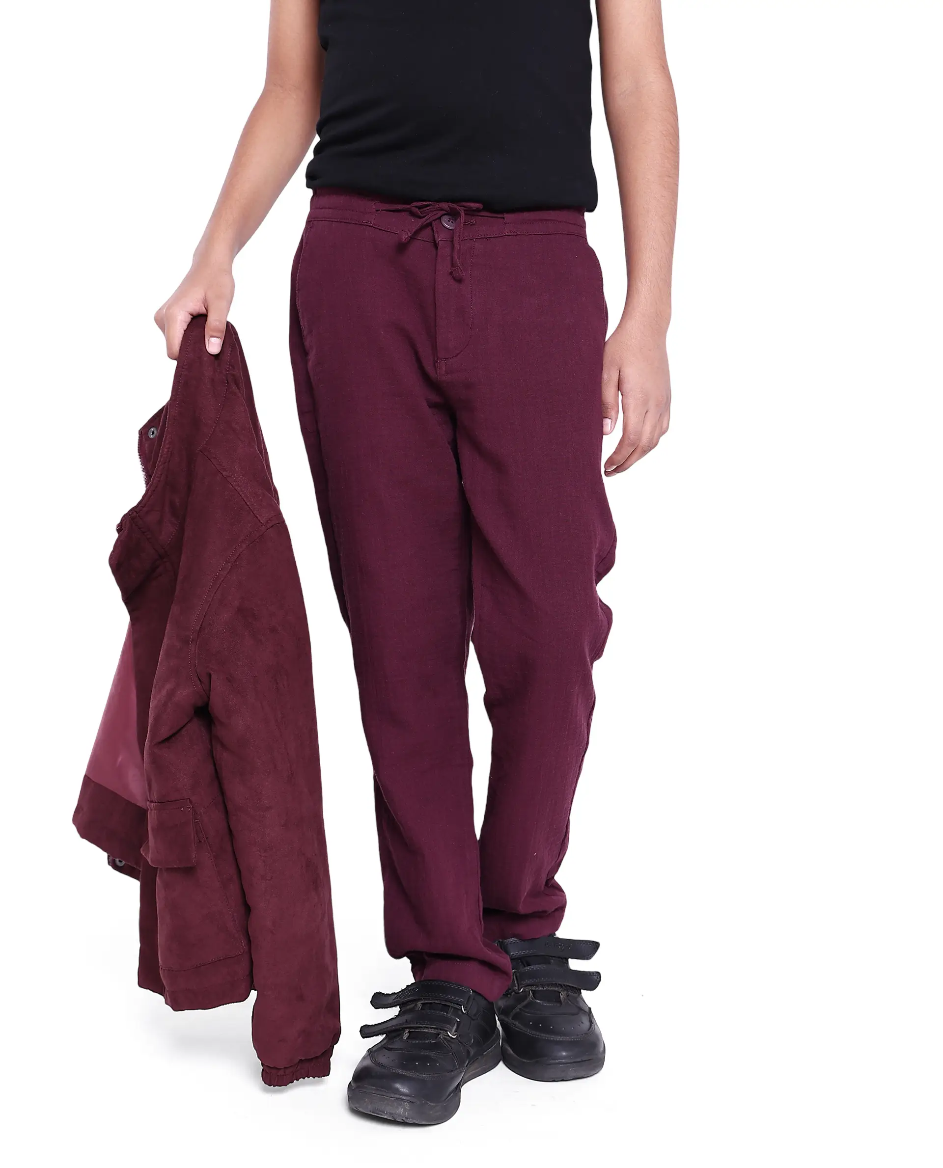Rare Ones Kids Prest Maroon Cotton Regular Fit Solid Trouser - Image 2