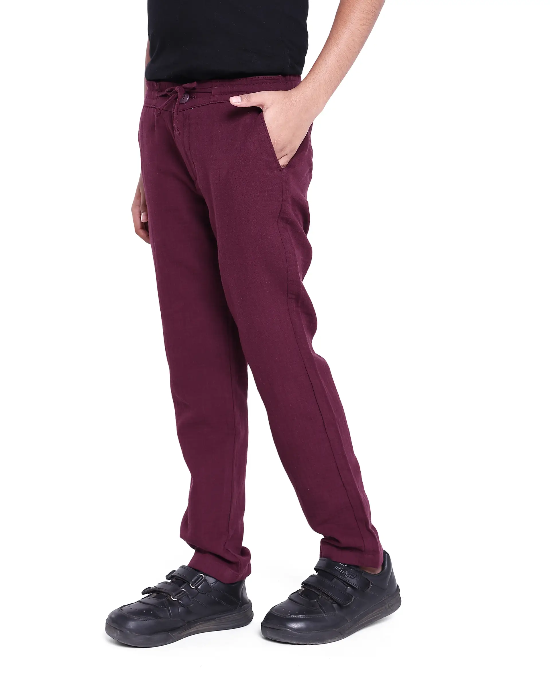 Rare Ones Kids Prest Maroon Cotton Regular Fit Solid Trouser - Image 4