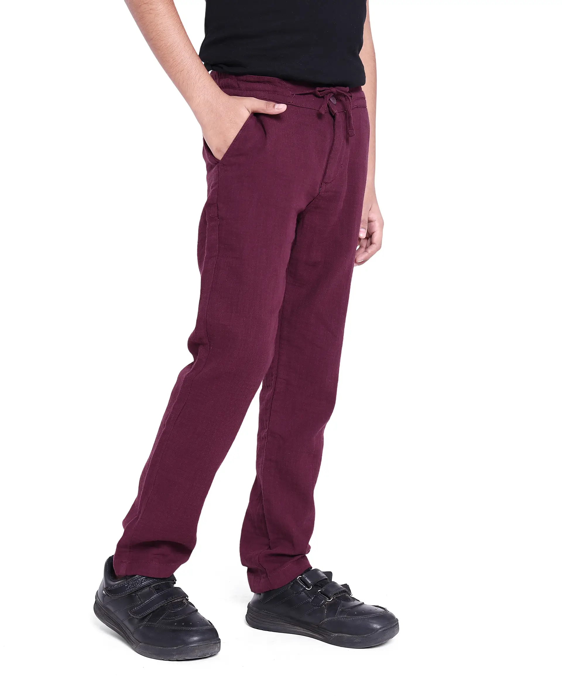 Rare Ones Kids Prest Maroon Cotton Regular Fit Solid Trouser - Image 5