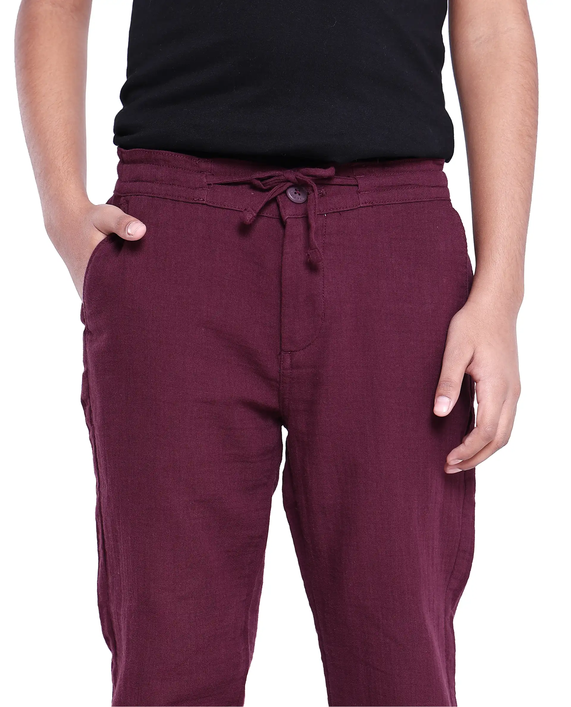 Rare Ones Kids Prest Maroon Cotton Regular Fit Solid Trouser - Image 6