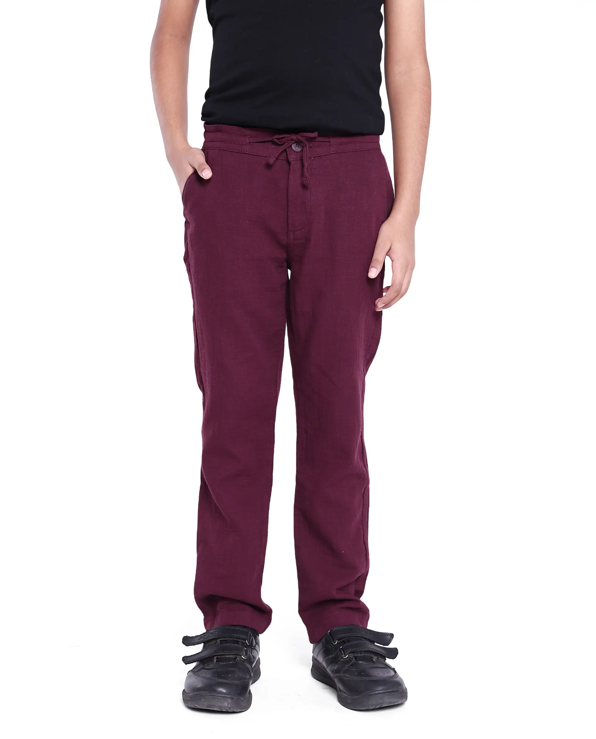 Rare Ones Kids Prest Maroon Cotton Regular Fit Solid Trouser - Image 8