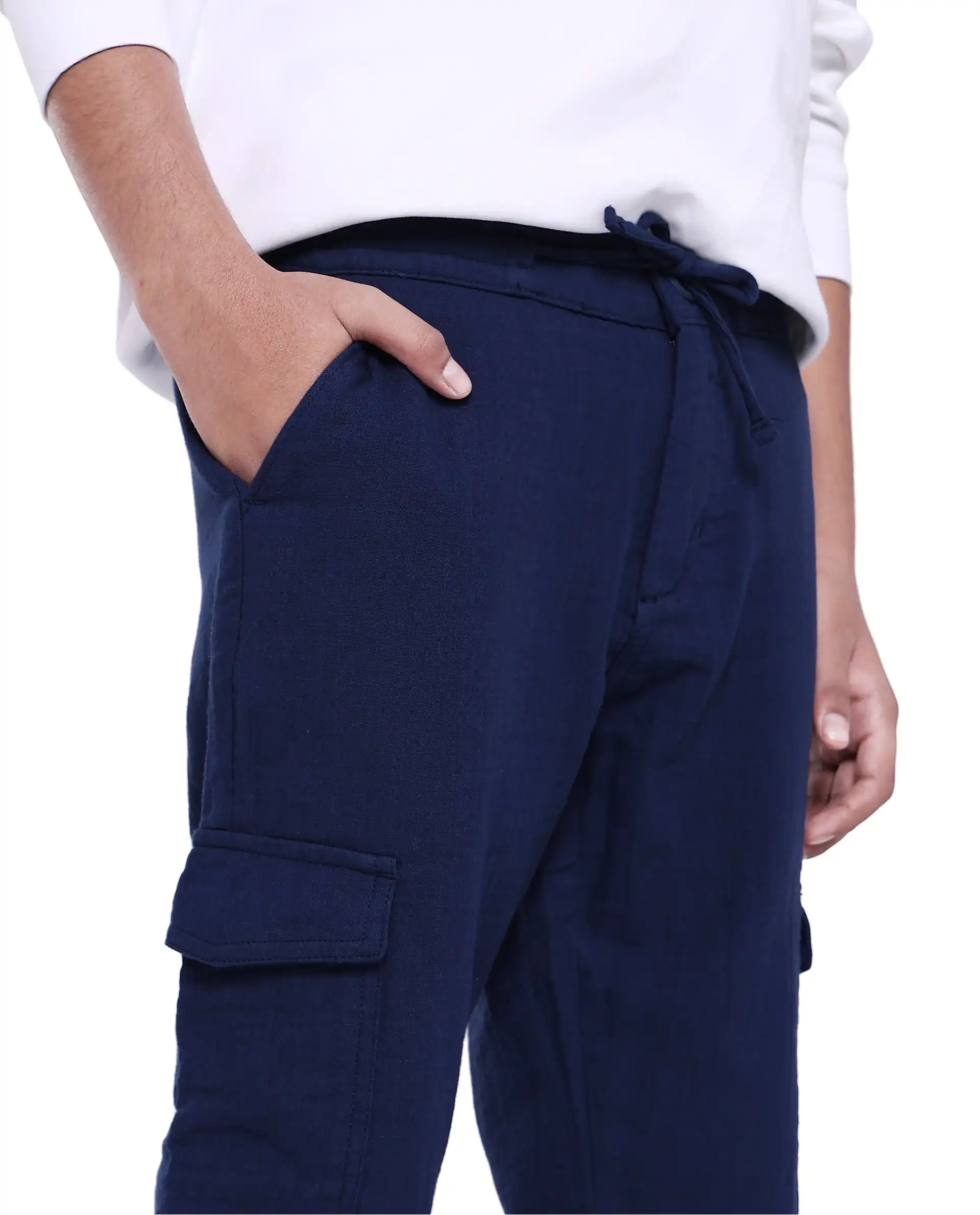 Rare Ones Kids Presti Navy Cotton Solid Drawstring Closure Regular Fit Cargo - Image 4