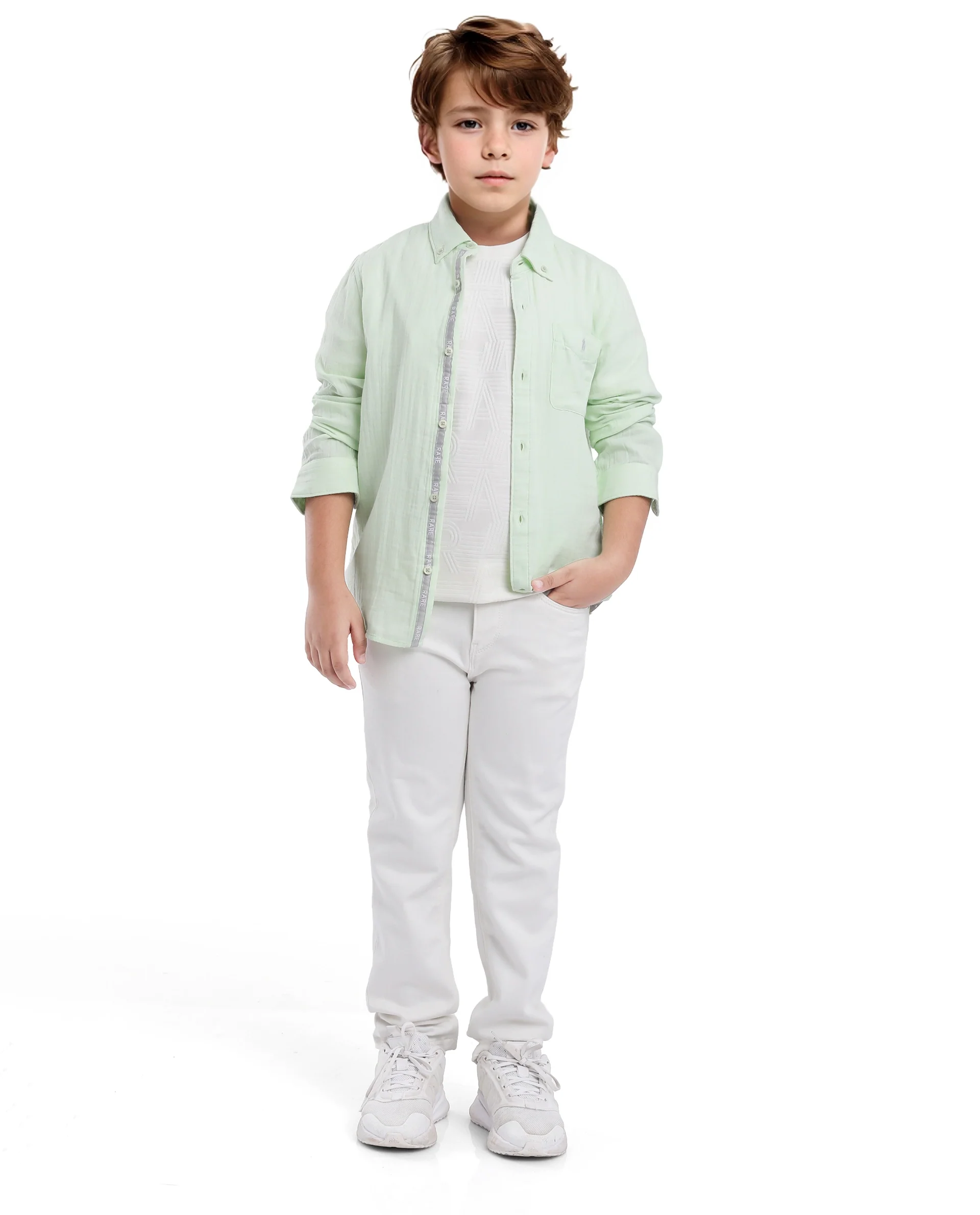 Rare Ones Kids Presto Flouroscent Green Cotton Full Sleeve Regular Fit Button Down Solid Shirt - Image 2