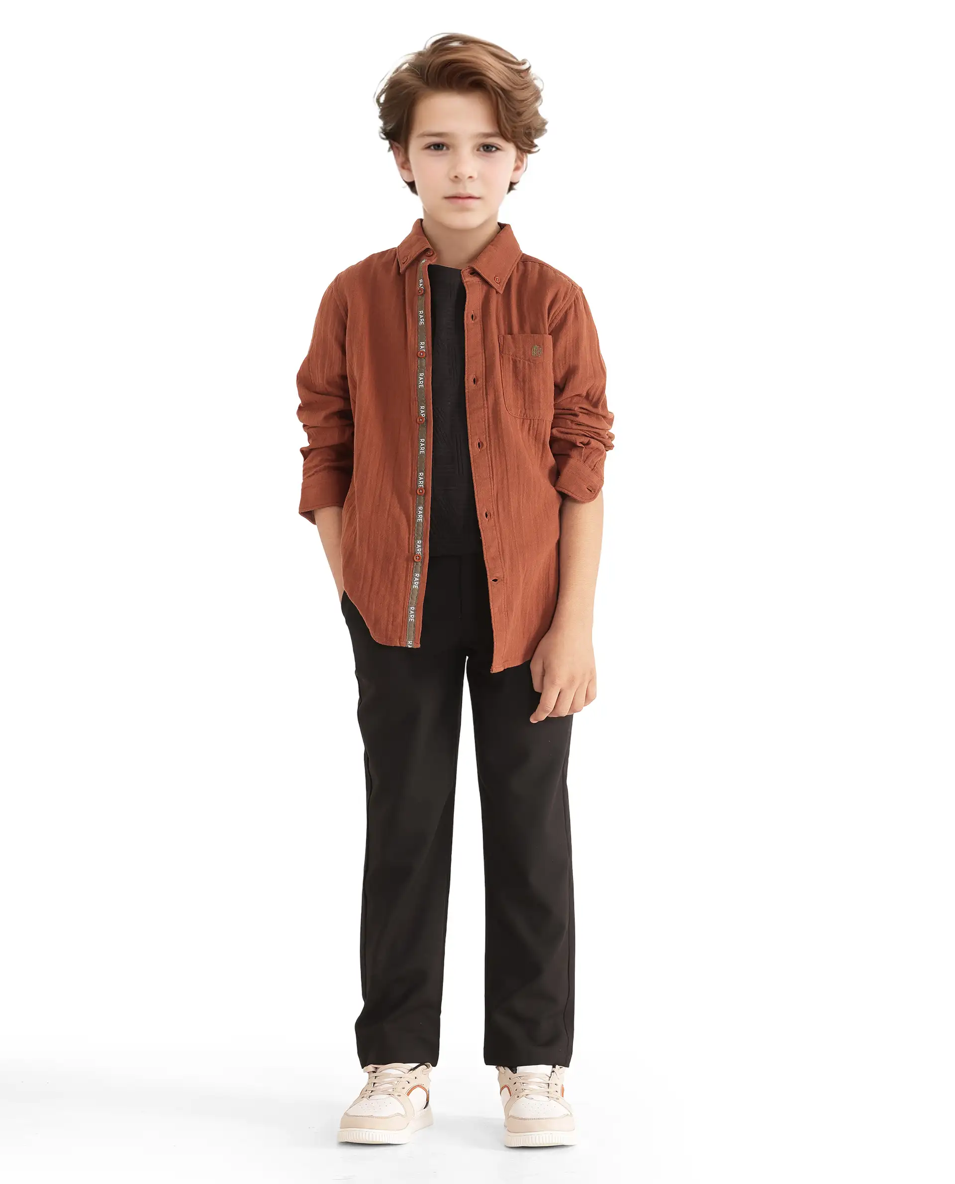 Rare Ones Kids Presto Brown Cotton Full Sleeve Regular Fit Button Down Solid Shirt - Image 2